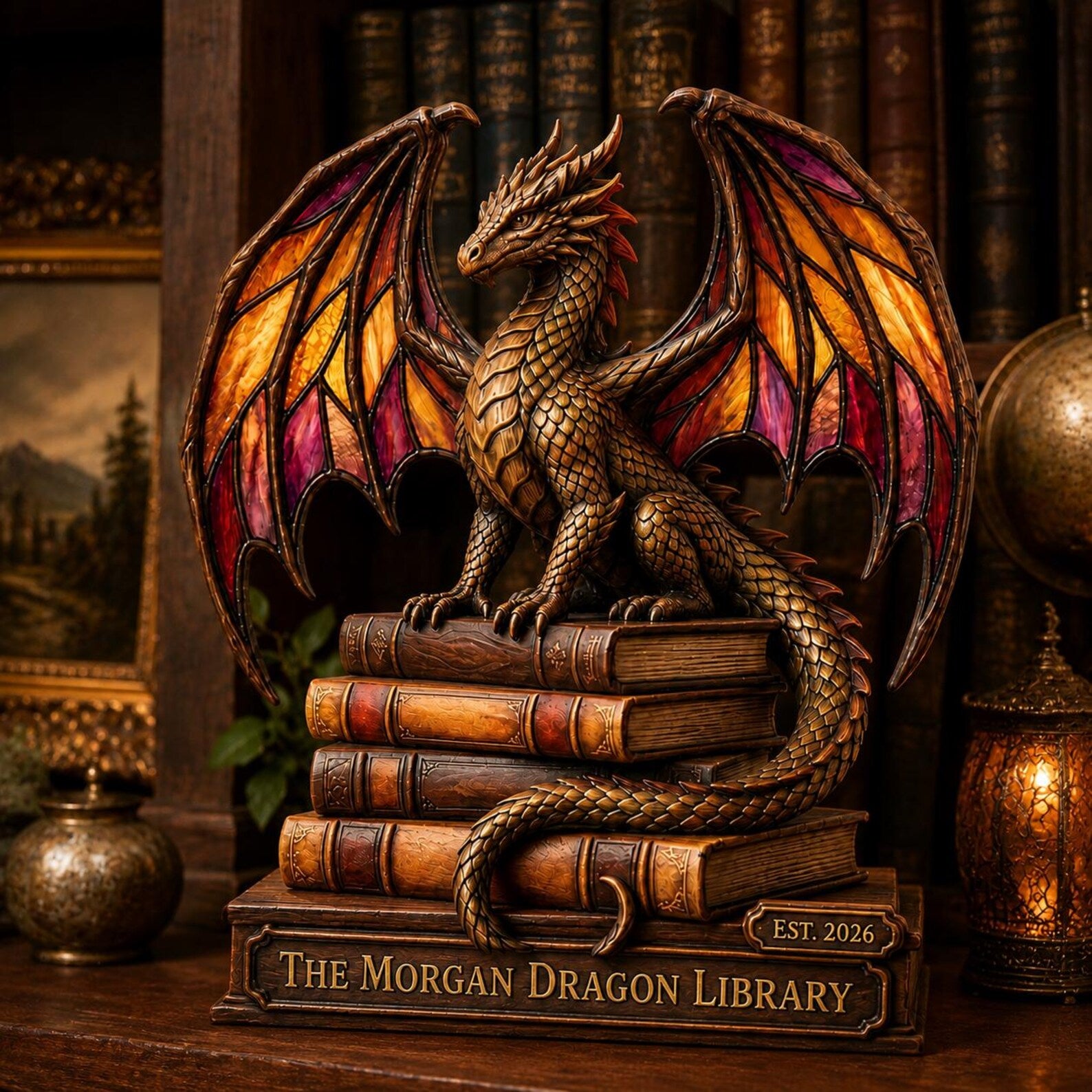 Personalized Dragon Book Stack Wooden Block, Custom Fantasy Library Name Sign Decor – WBVLR11