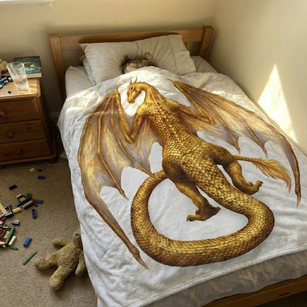 Andarna Dragon Fleece Blanket , Majestic Golden Dragon Design, Inspired by Fourth Wing Fantasy Series BLK02