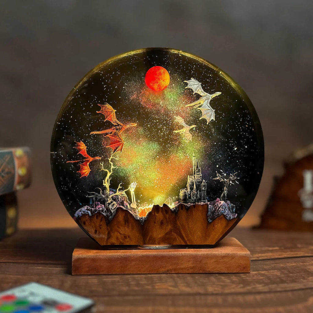Dragon Moon Night Light – Handmade Resin Lamp with Castle Scene – Fantasy LED Decor Gift. ERNLVLA24