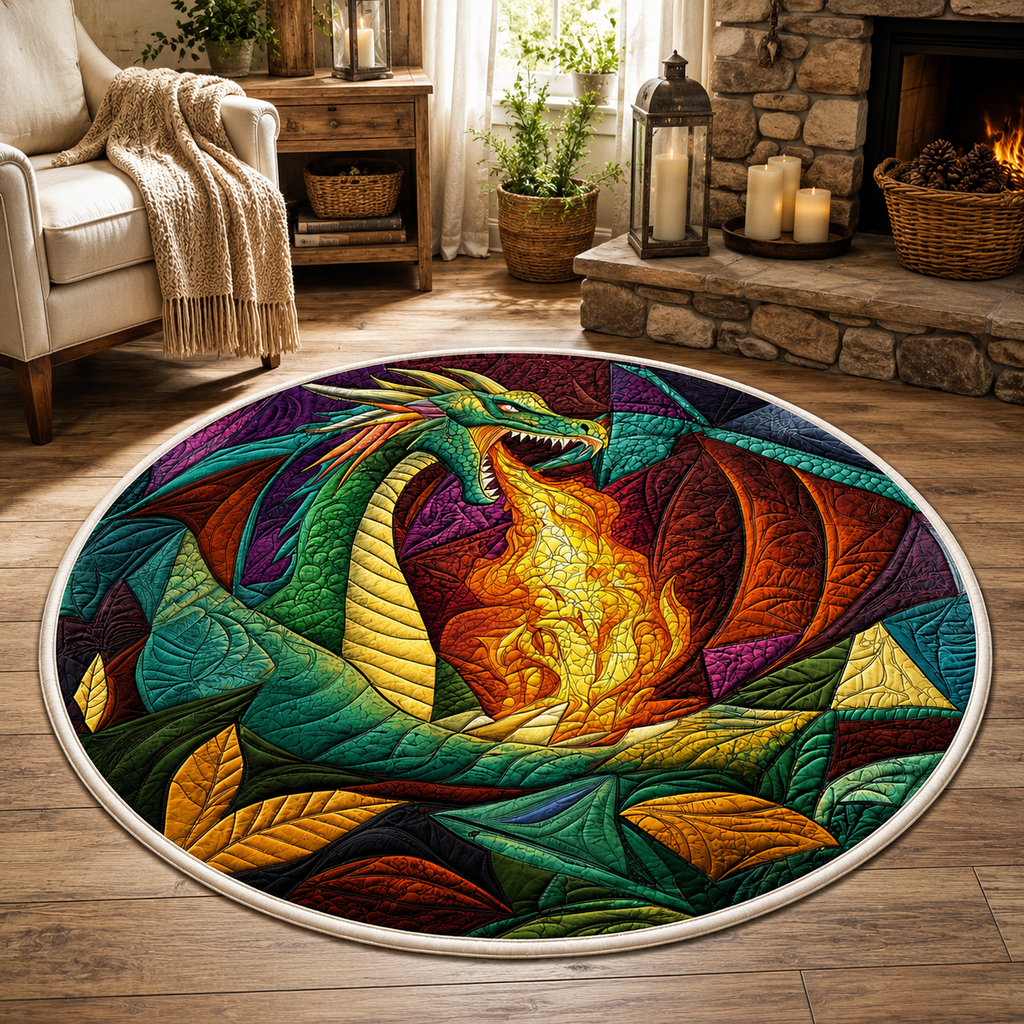 Velaris Inspired Dragon Quilted Round Rug, Fantasy Stained Glass Area Rug, Bookish Home Decor, Dragon Lover Gift, Cozy Reading Room Rug - QRVLR01