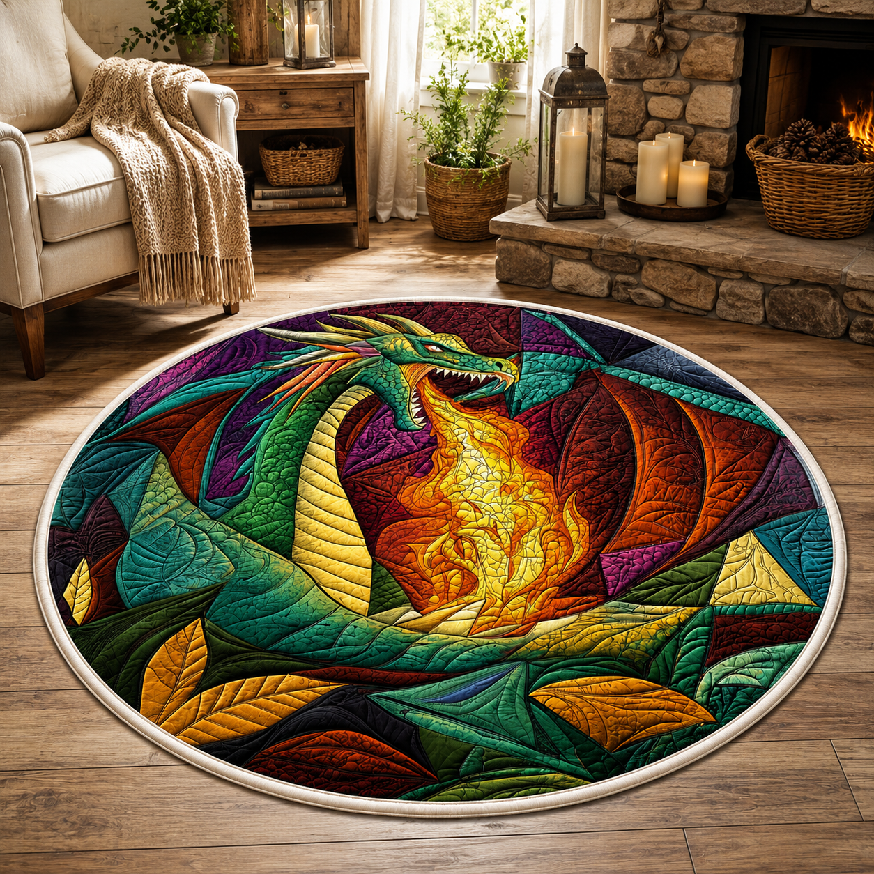 Velaris Inspired Dragon Quilted Round Rug, Fantasy Stained Glass Area Rug, Bookish Home Decor, Dragon Lover Gift, Cozy Reading Room Rug - QRVLR01