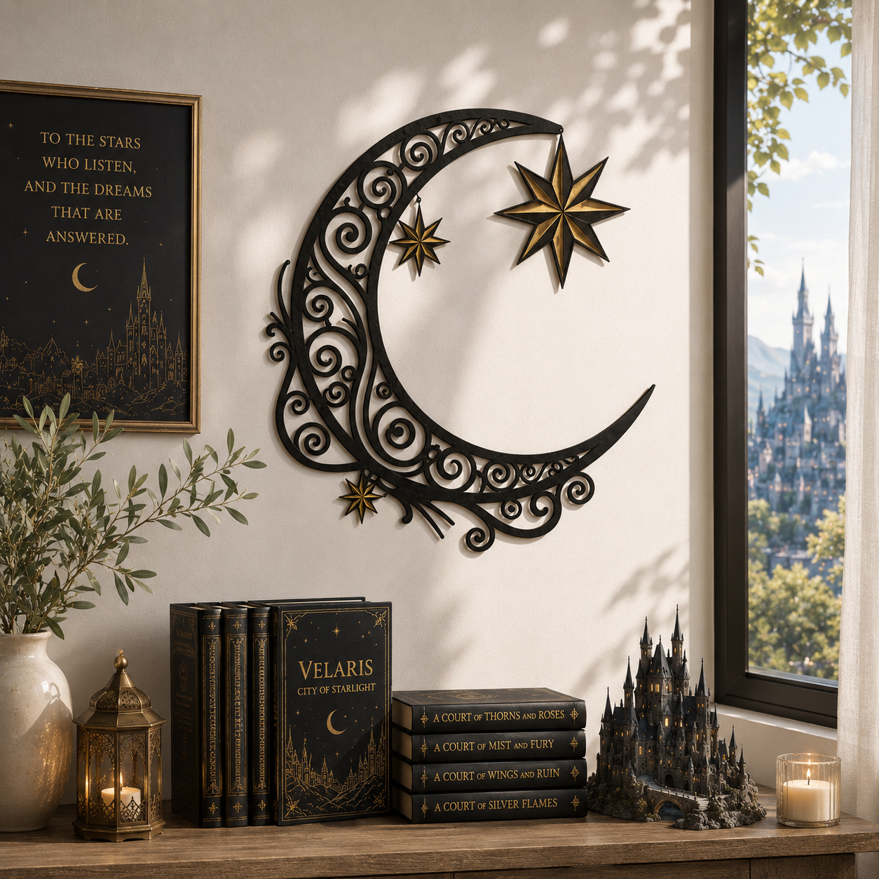Velaris Crescent Moon Metal Wall Art, Night Court Moon and Stars Wall Decor, City of Starlight Celestial Bookish Decor, ACOTAR Inspired Metal Sign, MWAVLR09