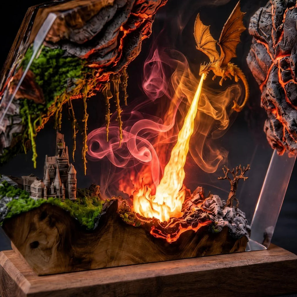 Lava Dragon Resin Lamp, Volcano Epoxy Night Light, Fire Dragon Statue, Gamer Room Desk Decor, Unique Fantasy Gift for Him. ERNLVLA06