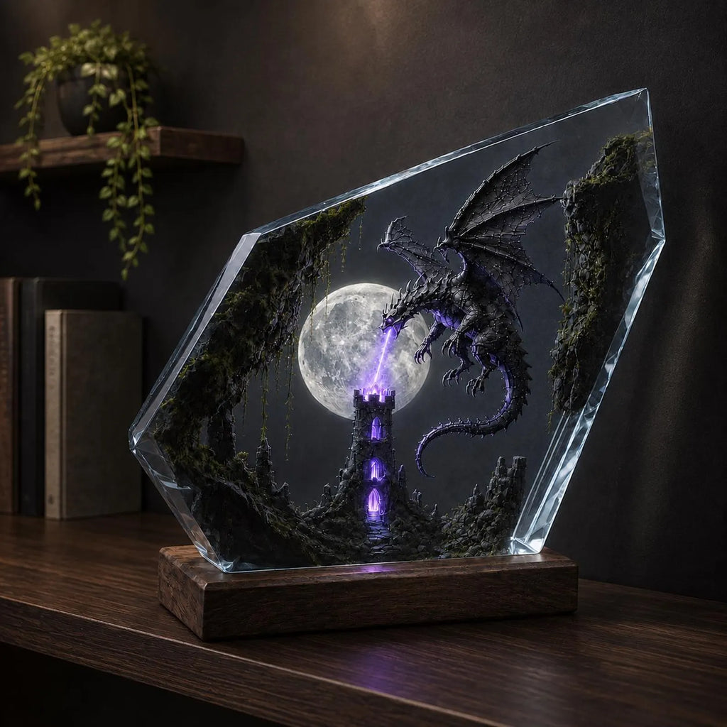 Shadow Dragon Resin Lamp, Moonlit Tower Night Light, Dark Fantasy Epoxy Wood Lamp, Handmade Dragon Decor, Unique Gift. ERNLVLA17