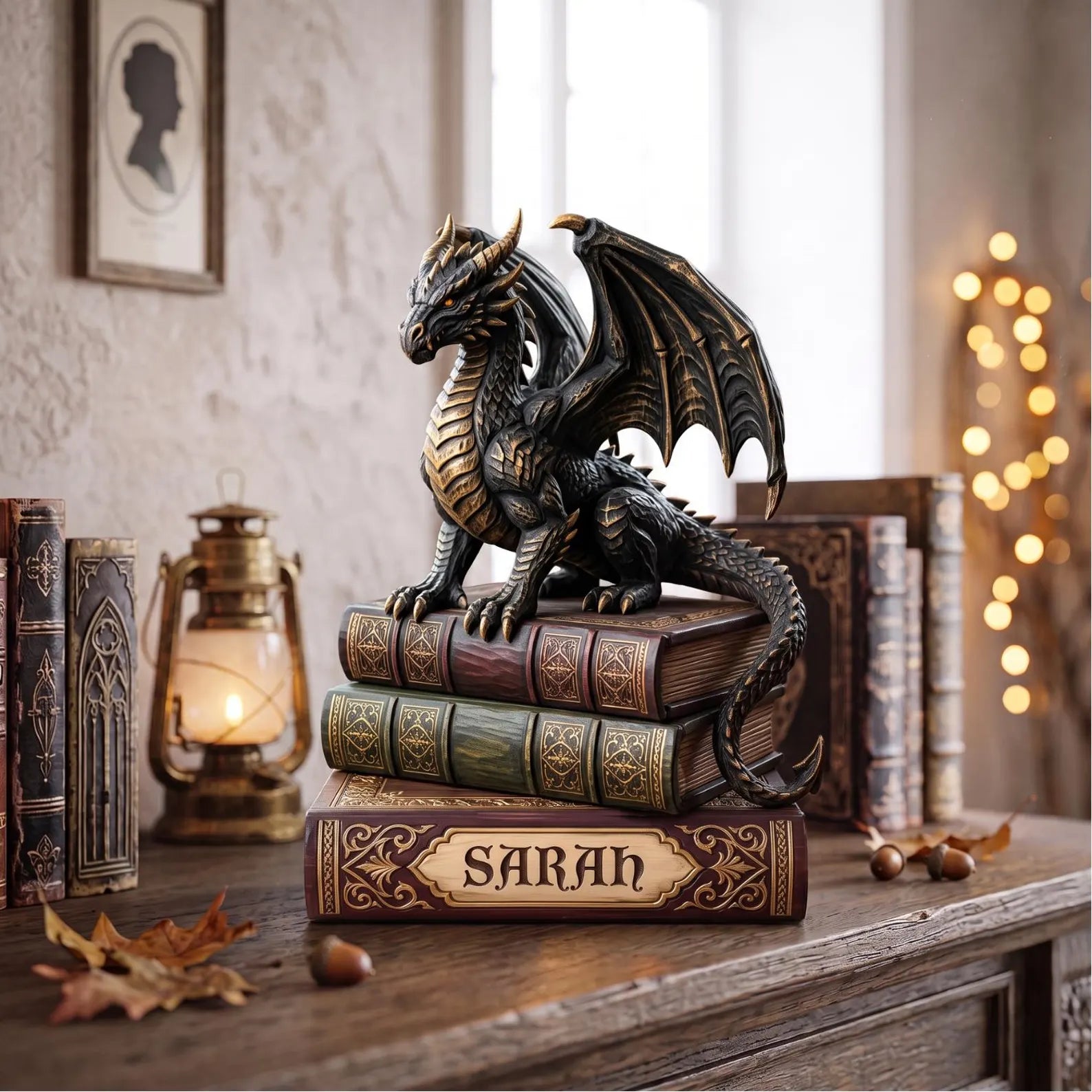 Majestic Dragon Book Stack 2D FLAT Wooden Block, Custom Dark Academia Desk Decor, Gothic Fantasy Bookshelf Sign, Book Lover Gift – WBVLR09