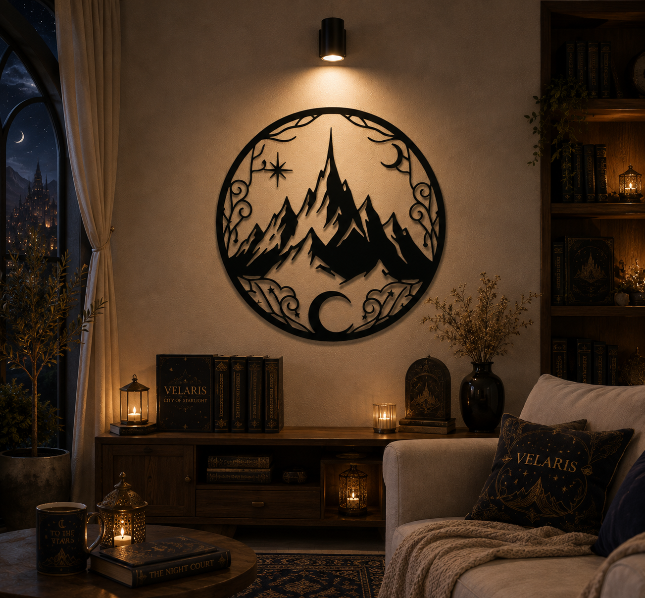 Velaris Mountain Metal Wall Art, Night Court Celestial Mountain Wall Decor, Fantasy Bookish Home Decor, City of Starlight Inspired Metal Sign, MWAVLR03