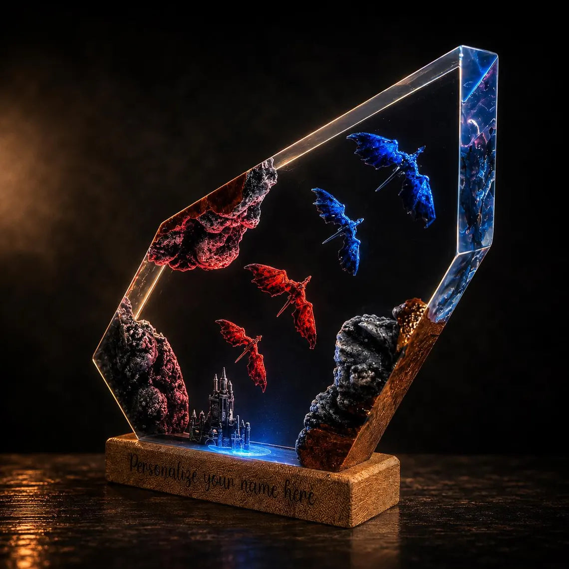 Dragon Resin Lamp, Personalized Fantasy Night Light, Medieval Castle Decor, Epoxy Wood Art, Gamer Gift, Gothic Bedroom Accent. ERNLVLA22