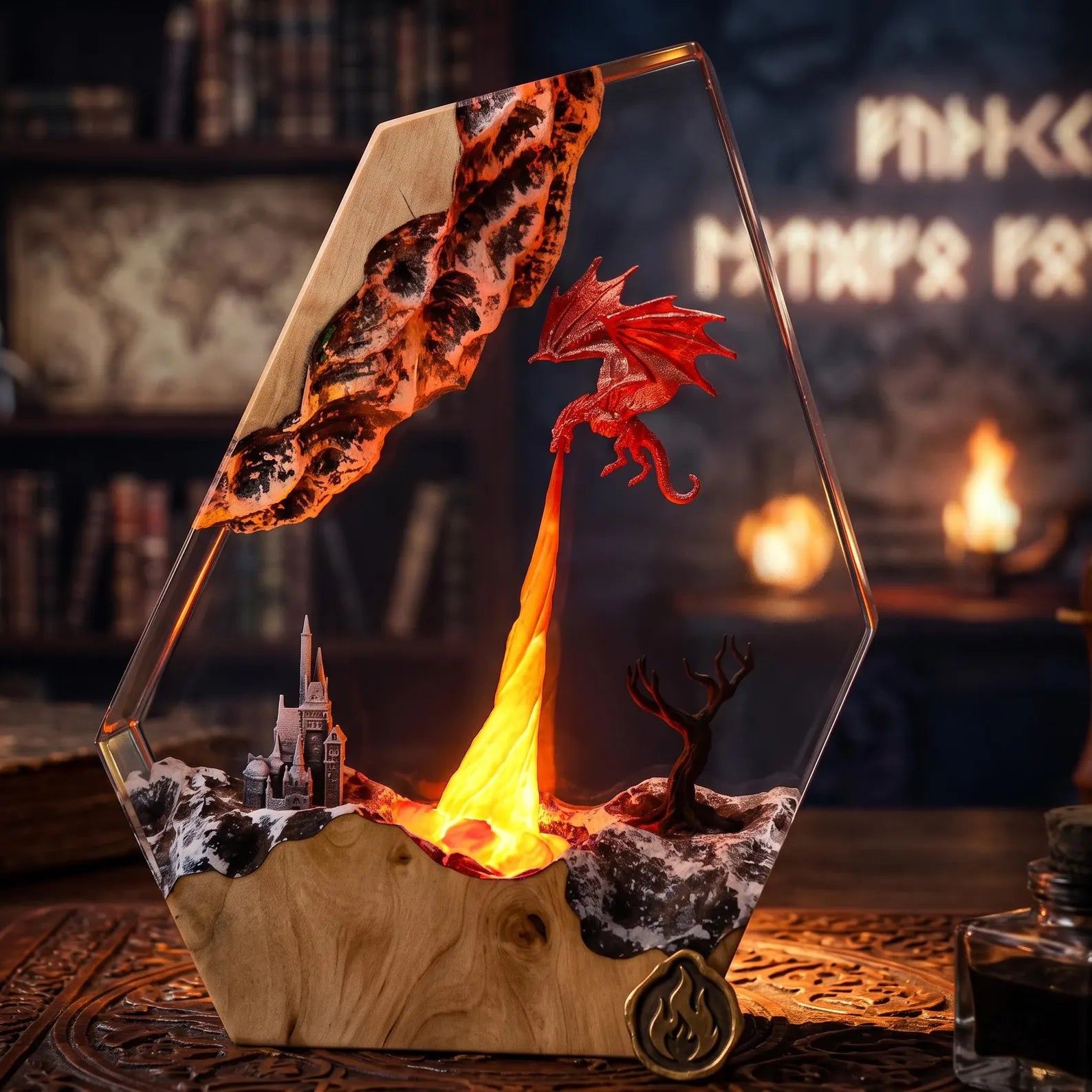 Handmade fire-breathing dragon epoxy resin 3D model lamp, anime dinosaur night light, resin table lamp, a collectible gift for movie fans.. ERNLVLA09