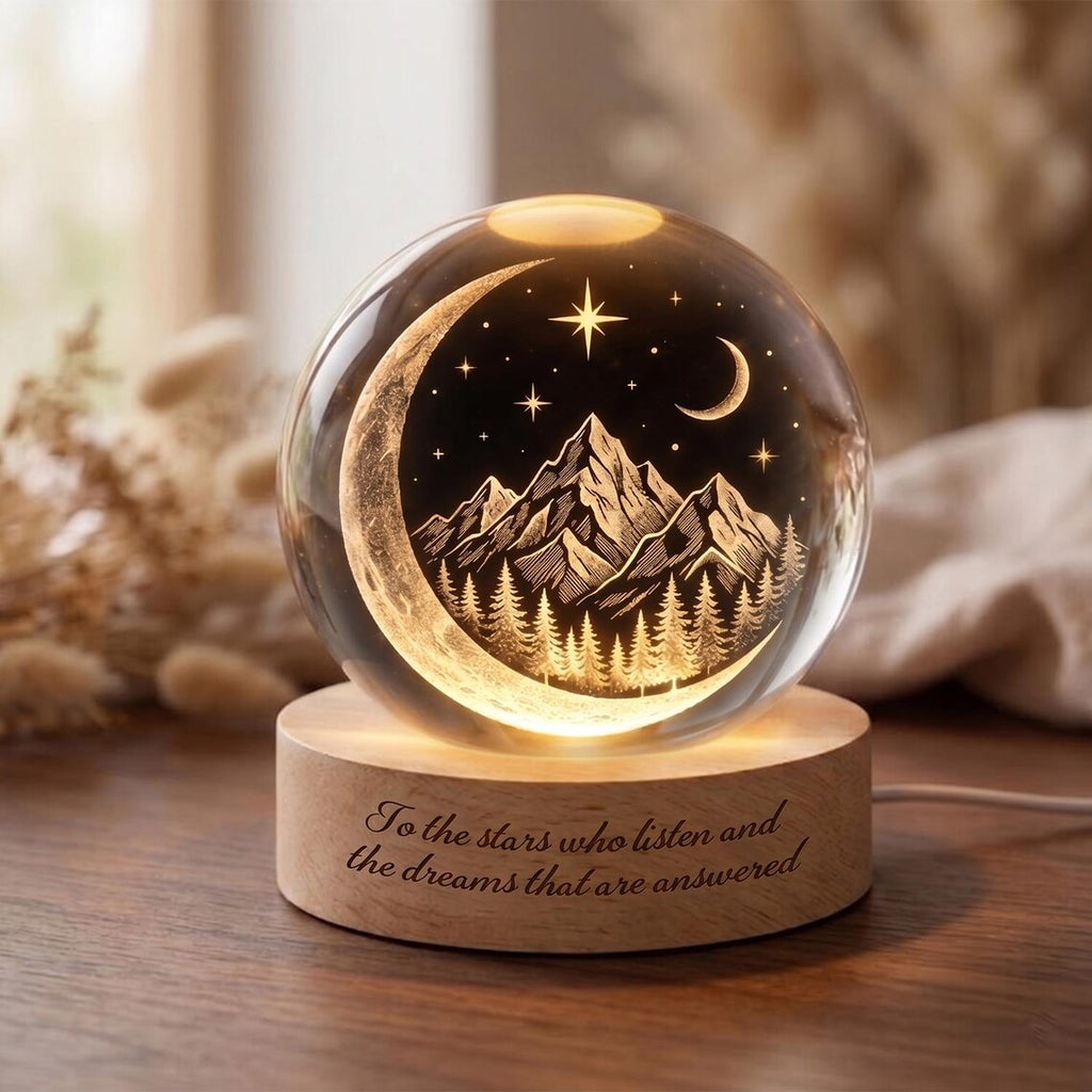 Personalized Crystal Ball Night Light, Mountain Moon Lamp, Custom Engraved Glass Globe, Celestial Bedroom Decor, Gift for Her. NLVLR4