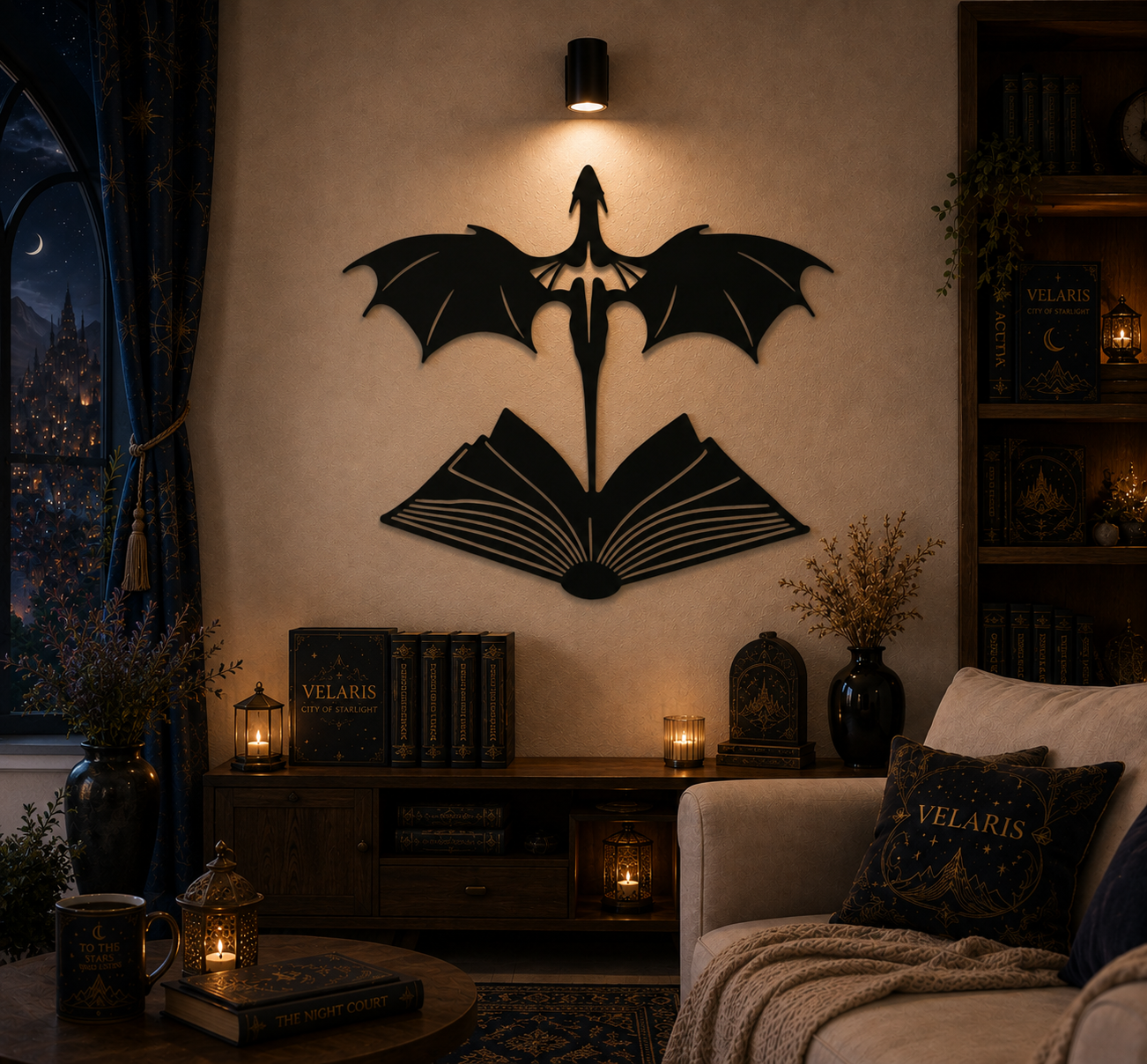 Velaris Dragon Book Wall Art, City of Starlight Fantasy Metal Wall Decor, Night Court Book Lover Gift, ACOTAR Inspired Home Decor, MWAVLR01