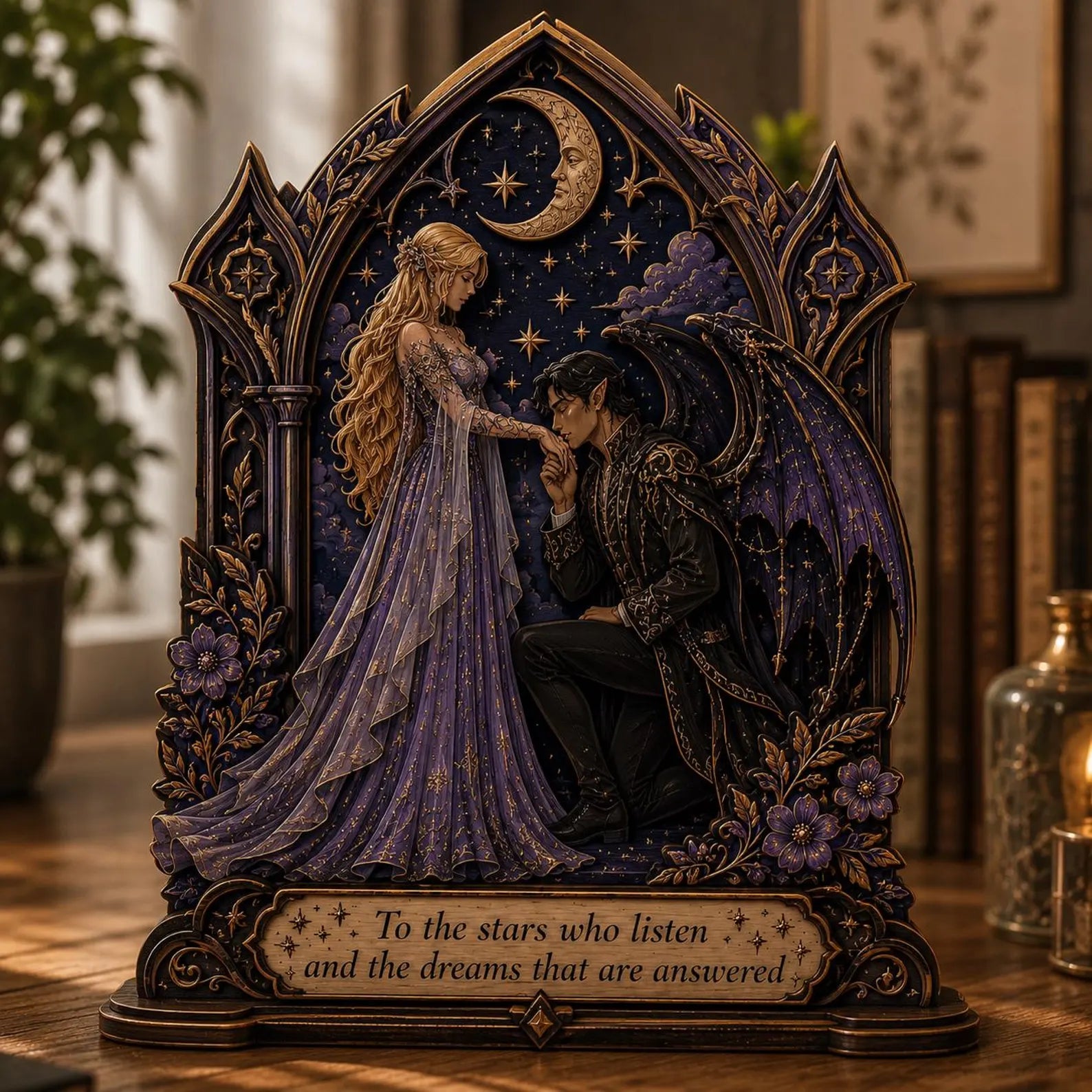 ACOTAR Inspired Wooden Block, To The Stars Who Listen Sign, Feyre and Rhysand Gift, Gothic Celestial Book Nook Decor, Fantasy Romance Plaque – WBVLR17