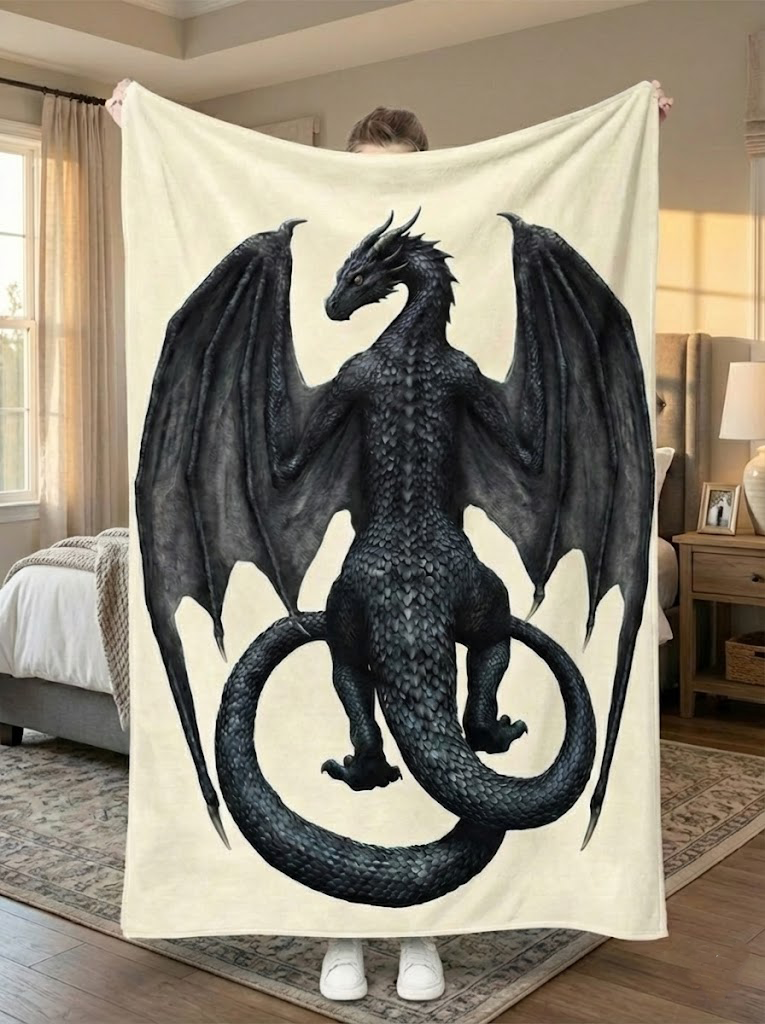 Tairn Dragon Fleece Blanket, Majestic Black Dragon Design, Inspired by Fourth Wing Fantasy Serie BLK03