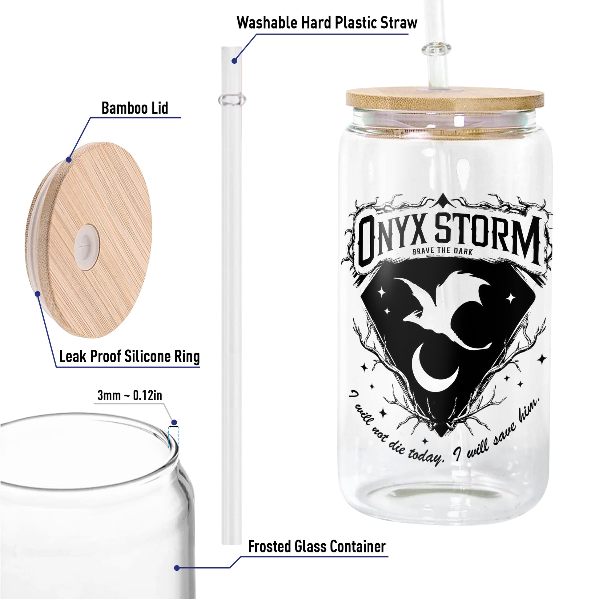 Onyx Storm Glass Can Cup with Straw, Fourth Wing Empyrean Dragon Tumbler, Rebecca Yarros Bookish Gift GLVLR38