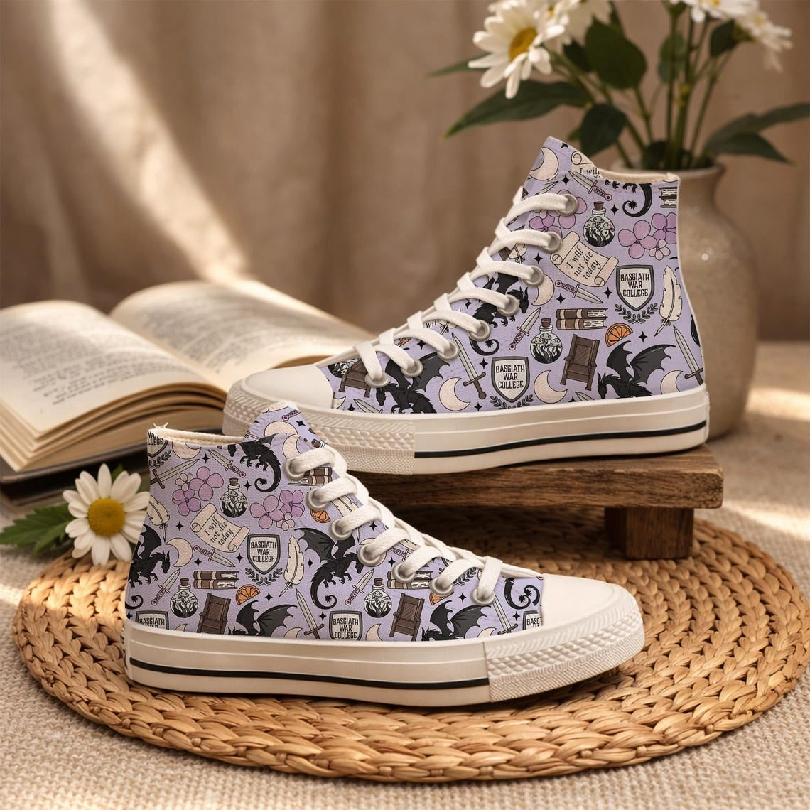 Fantasy Dragon High Top Canvas Shoes, War College Sneakers, Book Lover Shoes, Fantasy Reader Gift, Dragon Rider Bookish Sneakers. HSVLR03