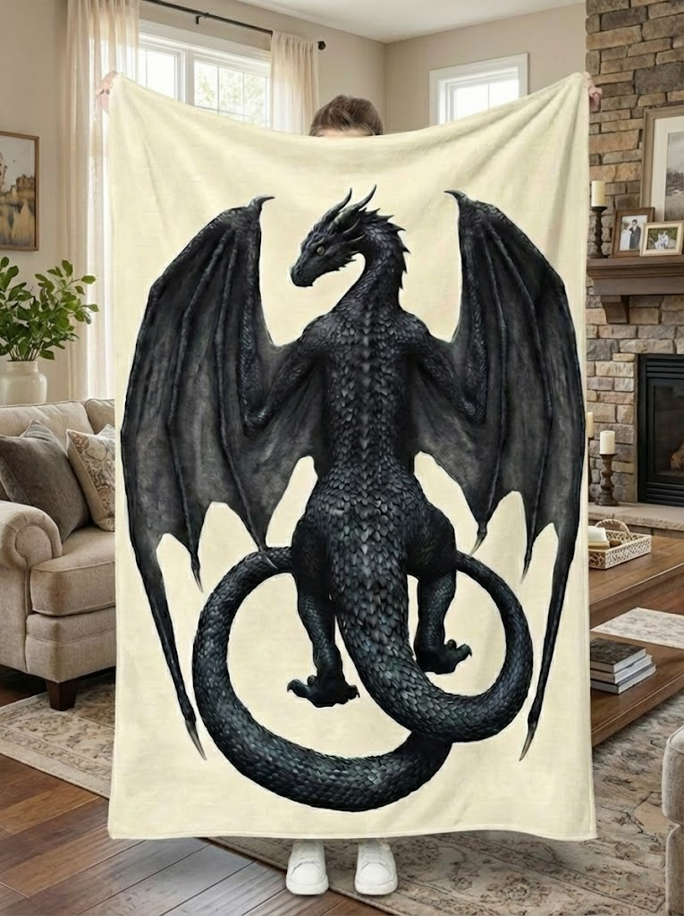 Tairn Dragon Fleece Blanket, Majestic Black Dragon Design, Inspired by Fourth Wing Fantasy Serie BLK03