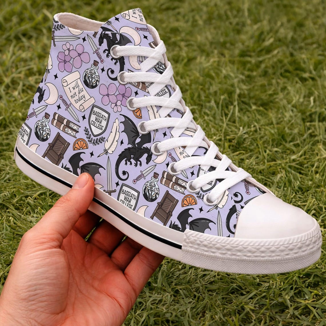Fantasy Dragon High Top Canvas Shoes, War College Sneakers, Book Lover Shoes, Fantasy Reader Gift, Dragon Rider Bookish Sneakers. HSVLR03