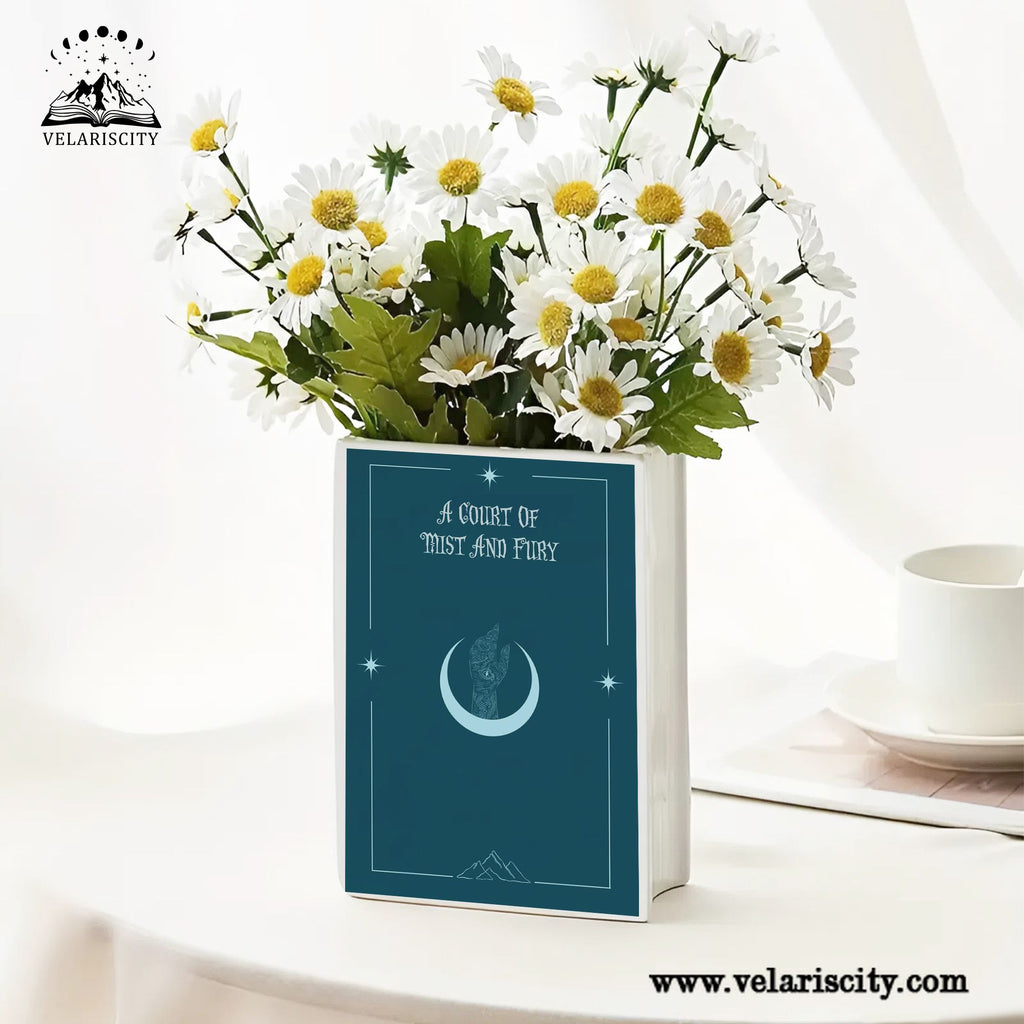 Ceramic Book Vase ACOMF, A Court of Mist and Fury Inspired Book Shaped Flower Vase, Fantasy Decor for Book Lovers, Night Court Home Aesthetic CVVRL03