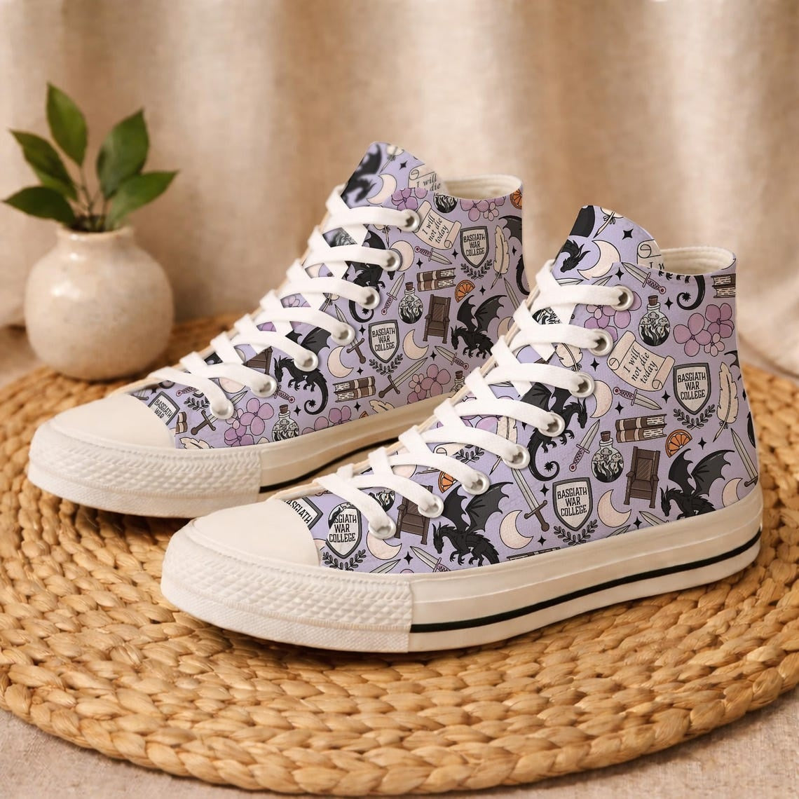 Fantasy Dragon High Top Canvas Shoes, War College Sneakers, Book Lover Shoes, Fantasy Reader Gift, Dragon Rider Bookish Sneakers. HSVLR03