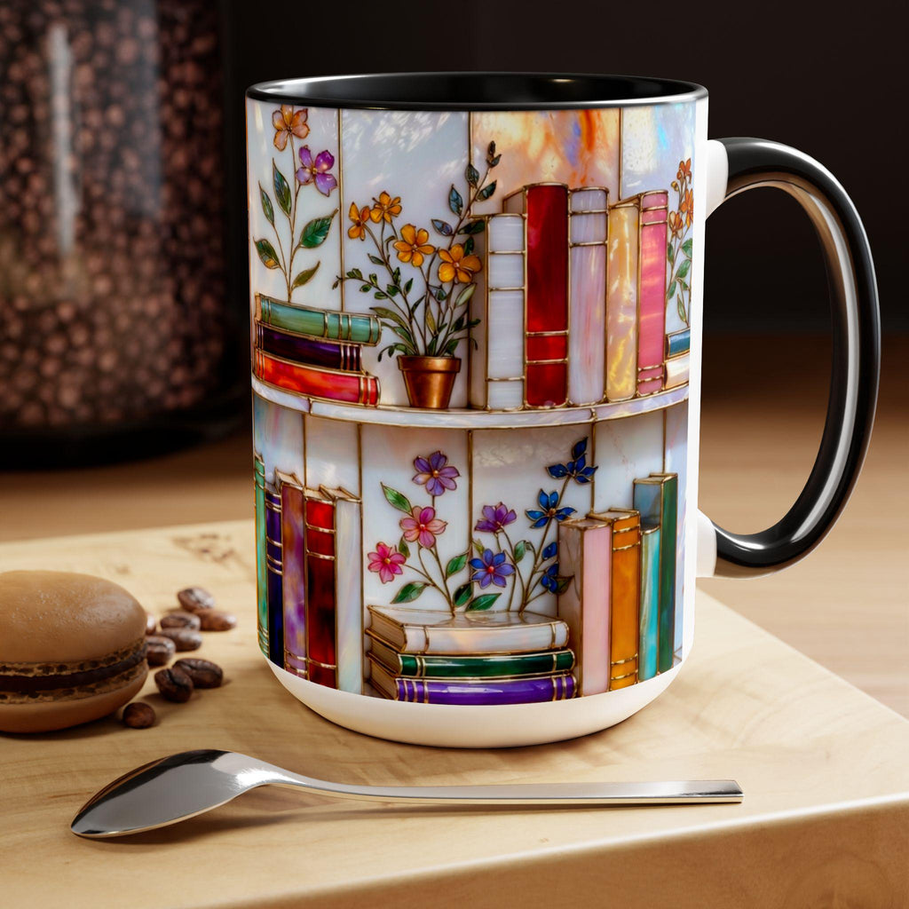 Floral Bookshelf Coffee Mug, Book Lover Gift, Bookish Stained-Glass Style Mug, Library Aesthetic Cup