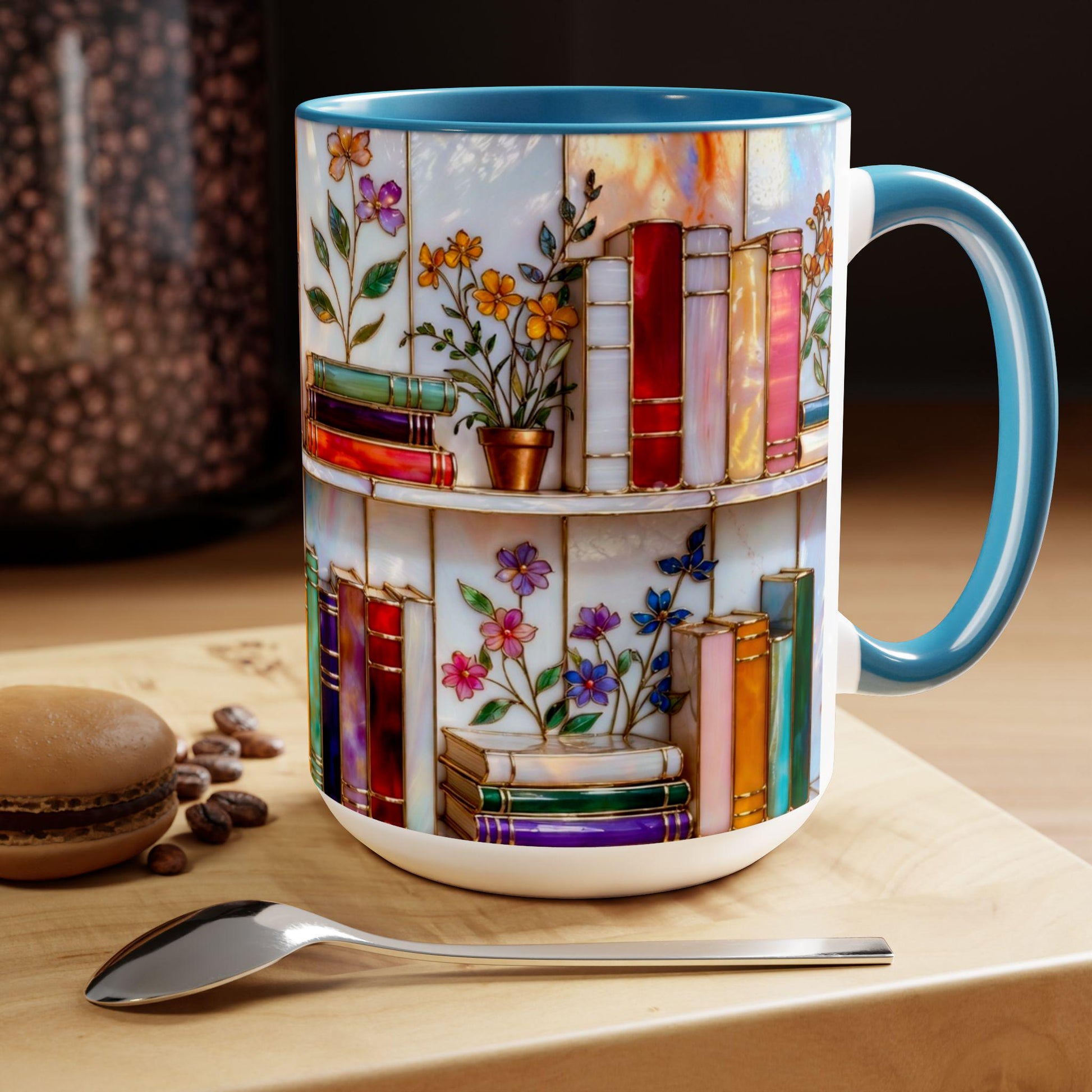 Floral Bookshelf Coffee Mug, Book Lover Gift, Bookish Stained-Glass Style Mug, Library Aesthetic Cup