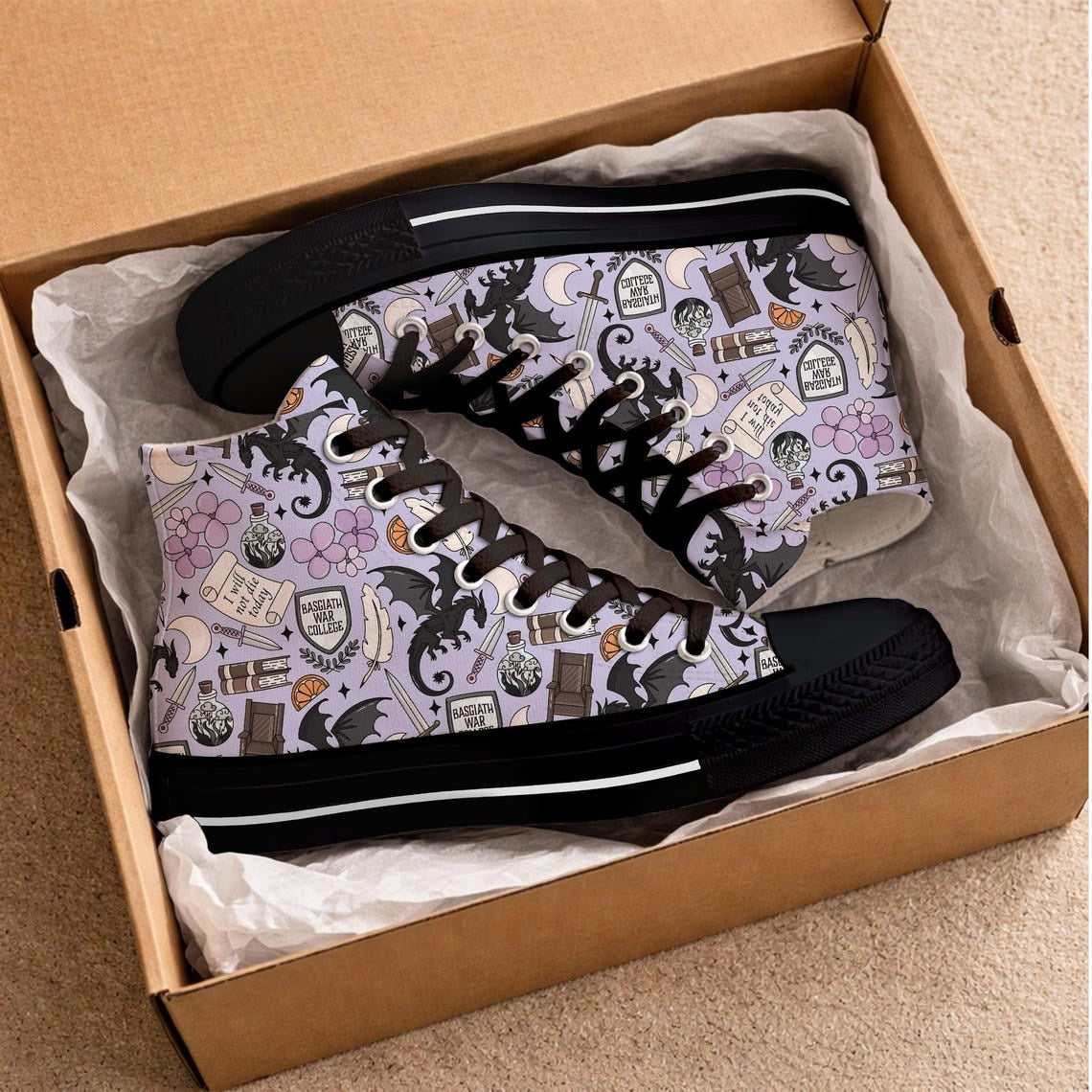 Fantasy Dragon High Top Canvas Shoes, War College Sneakers, Book Lover Shoes, Fantasy Reader Gift, Dragon Rider Bookish Sneakers. HSVLR03