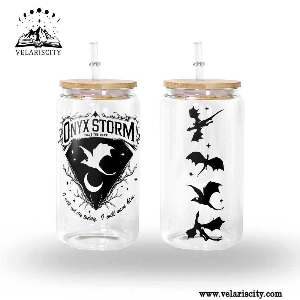 Onyx Storm Glass Can Cup with Straw, Fourth Wing Empyrean Dragon Tumbler, Rebecca Yarros Bookish Gift GLVLR38