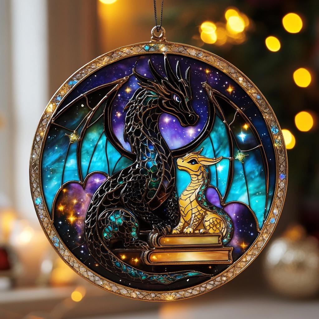 Fourth Wing Dragon Protector Suncatcher – Fantasy Stained Glass Inspired Window Hanging with Books, Starry Sky & Baby Dragon SGVLR30