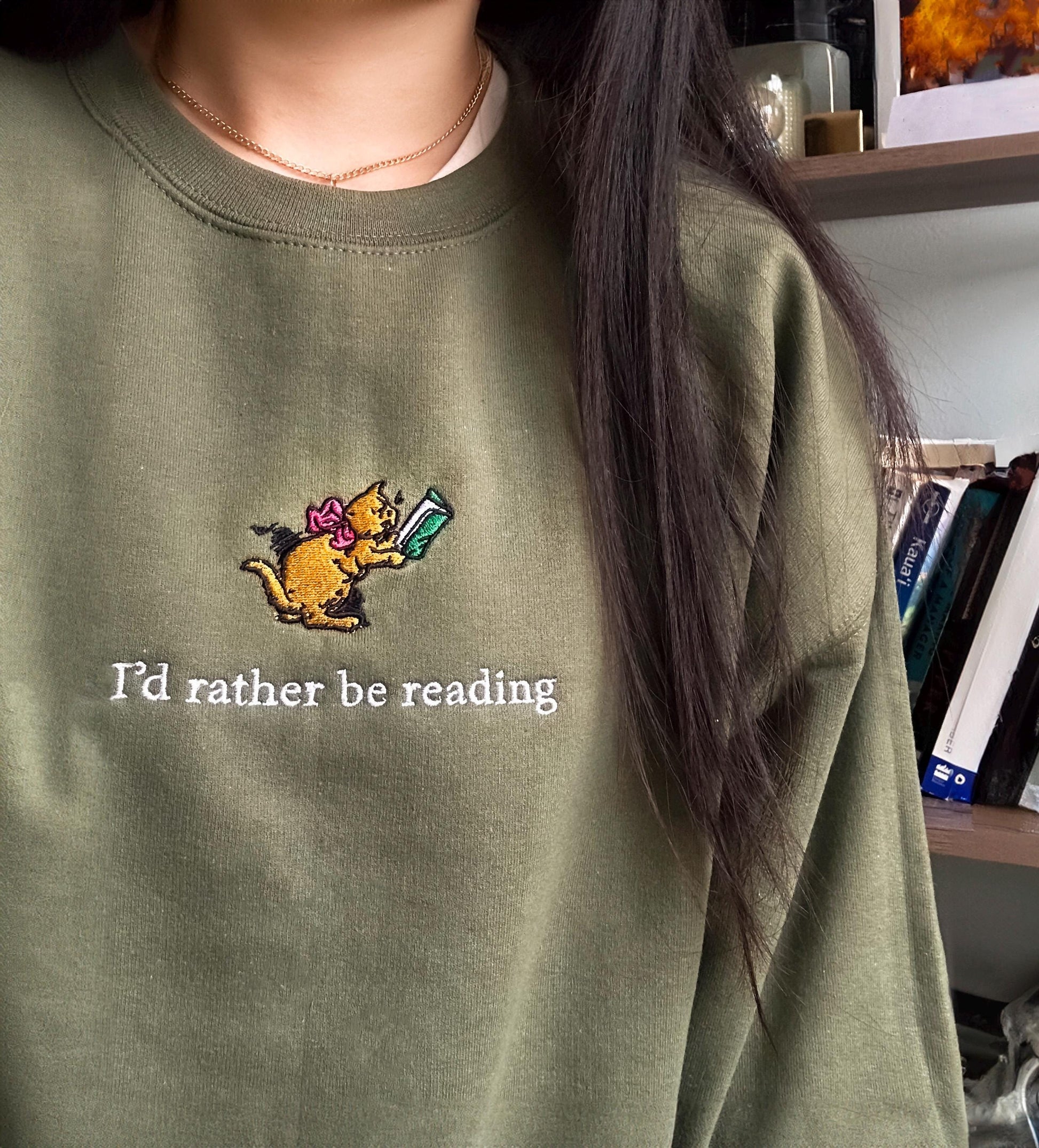 I'd Rather Be Reading Embroidered Sweatshirt Vintage, Book Lover Gift, Bookish Crewneck, Book Worm Shirt, Cat Sweater, Cozy Fall Sweatshirt