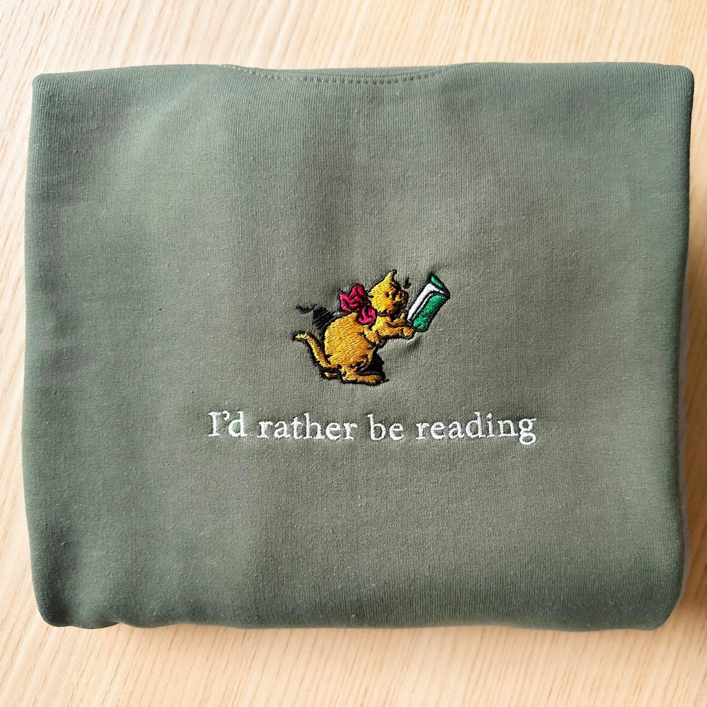 I'd Rather Be Reading Embroidered Sweatshirt Vintage, Book Lover Gift, Bookish Crewneck, Book Worm Shirt, Cat Sweater, Cozy Fall Sweatshirt