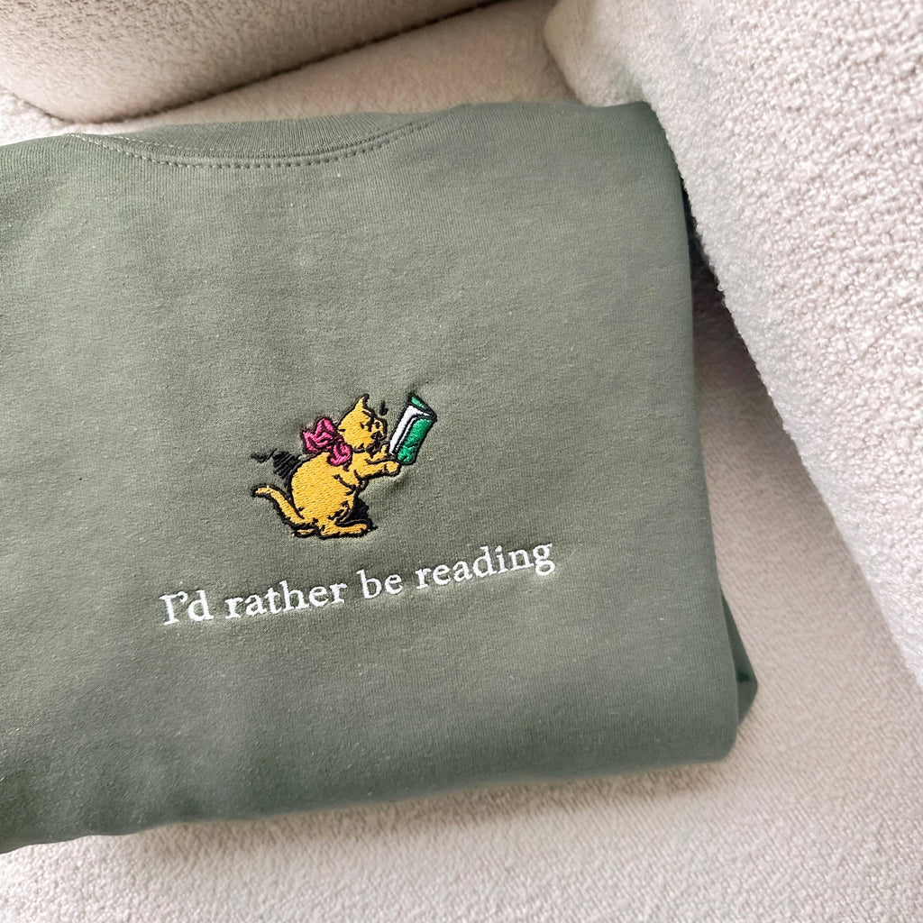 I'd Rather Be Reading Embroidered Sweatshirt Vintage, Book Lover Gift, Bookish Crewneck, Book Worm Shirt, Cat Sweater, Cozy Fall Sweatshirt