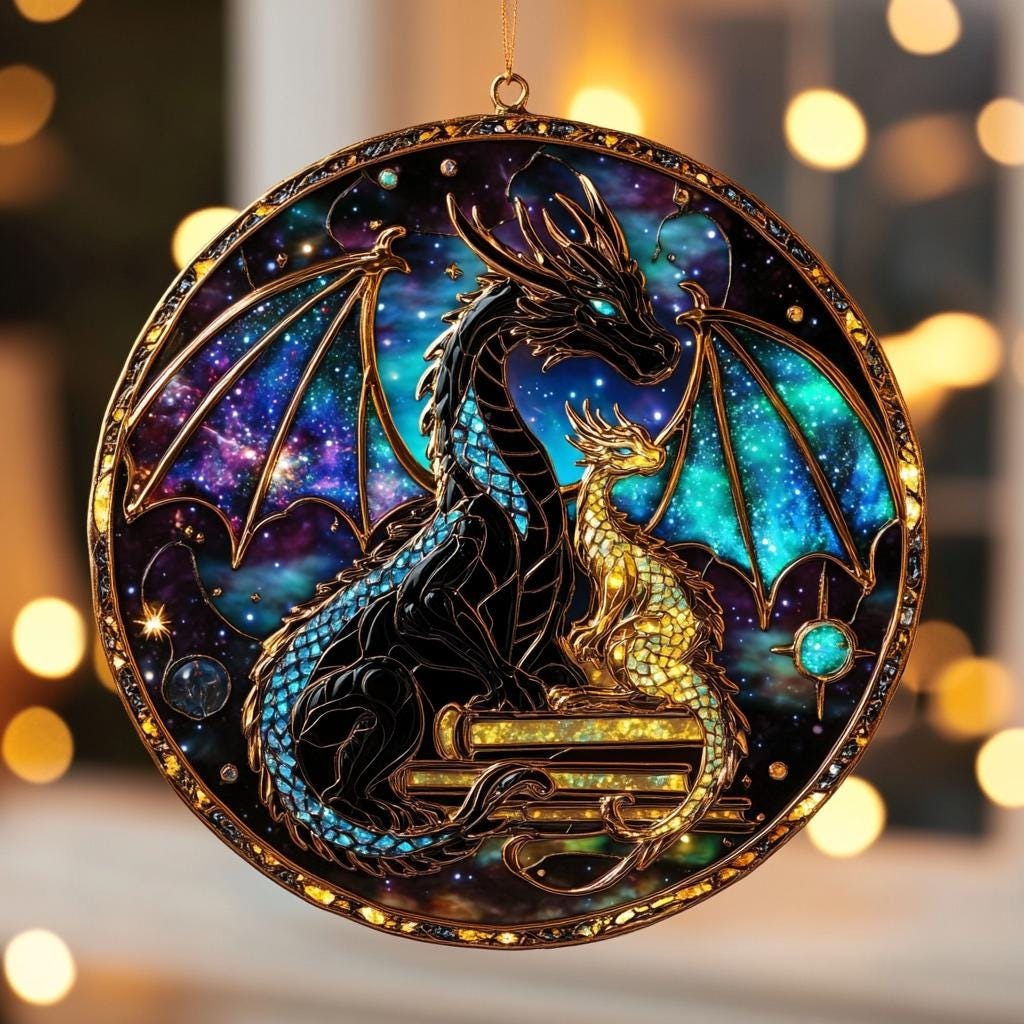 Fantasy Dragon Suncatcher – Fourth Wing Inspired Star Galaxy Glass Decor with Dragon Pair and Books SGVLR31