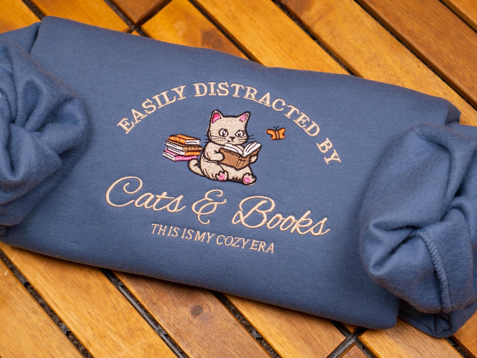 Cats and Books Embroidered Crewneck Sweatshirt, Book Lover Gift, Book Club Shirt, Cat Sweater, Cozy Fall Sweatshirt
