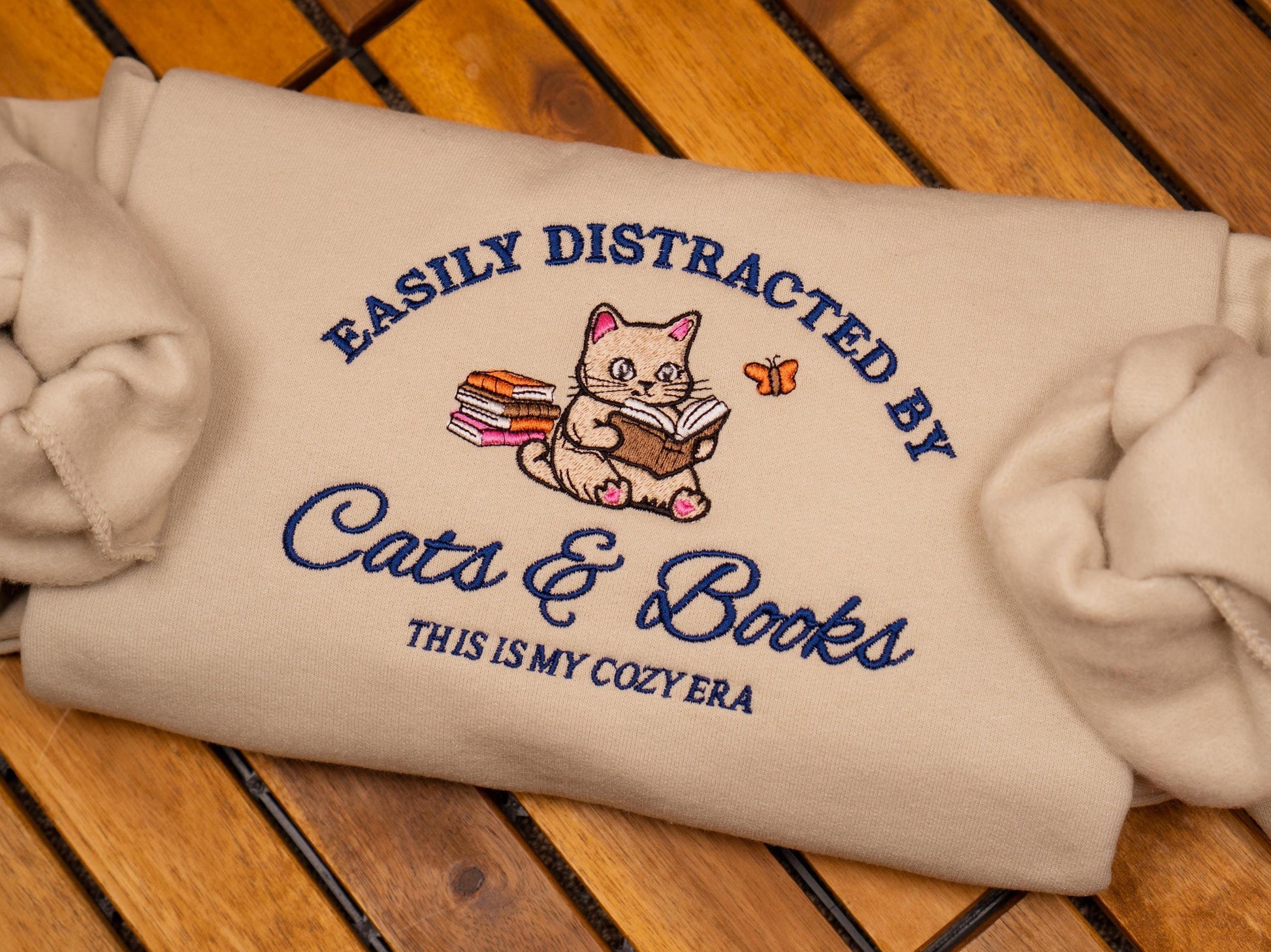 Cats and Books Embroidered Crewneck Sweatshirt, Book Lover Gift, Book Club Shirt, Cat Sweater, Cozy Fall Sweatshirt