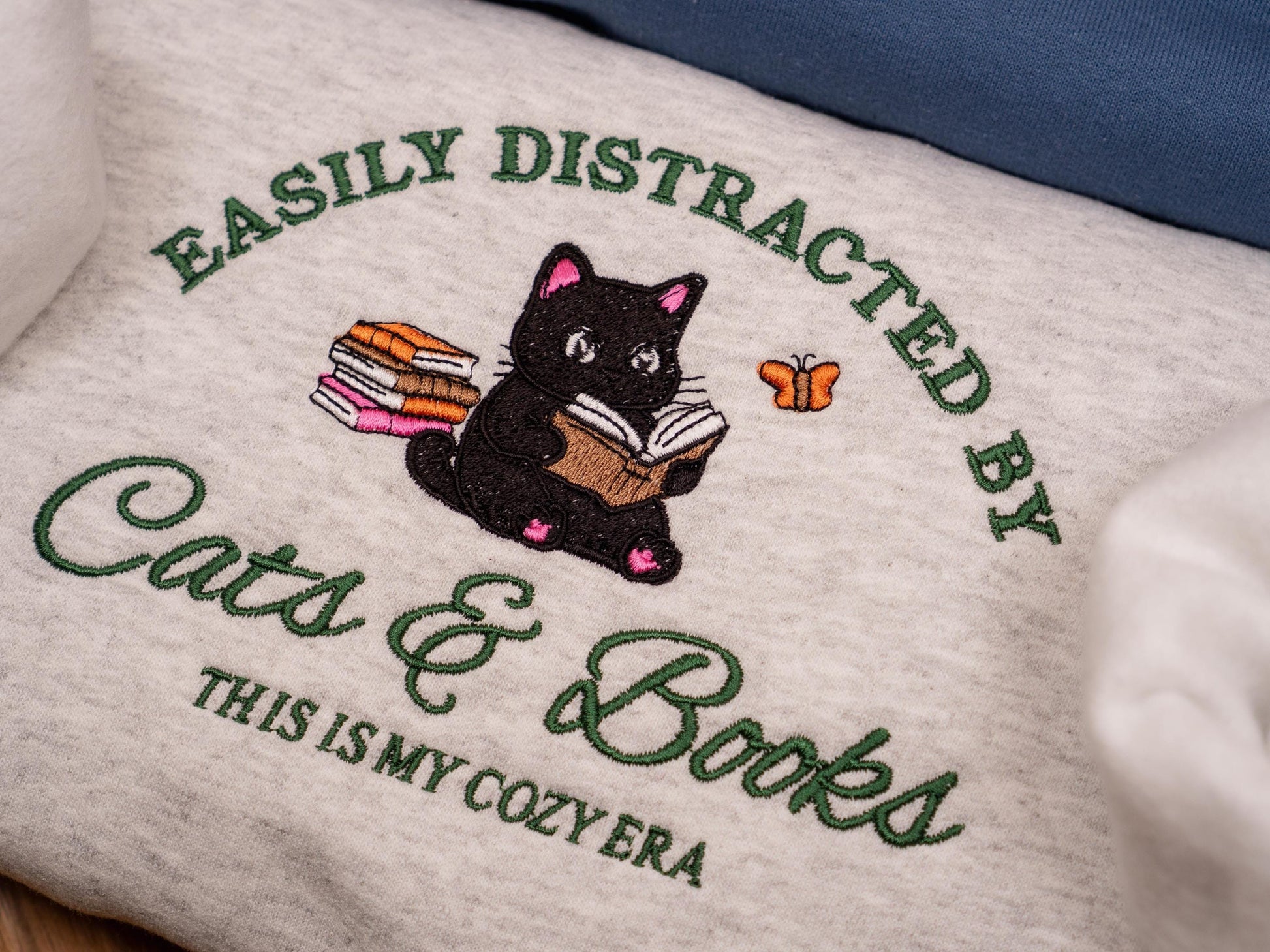 Cats and Books Embroidered Crewneck Sweatshirt, Book Lover Gift, Book Club Shirt, Cat Sweater, Cozy Fall Sweatshirt