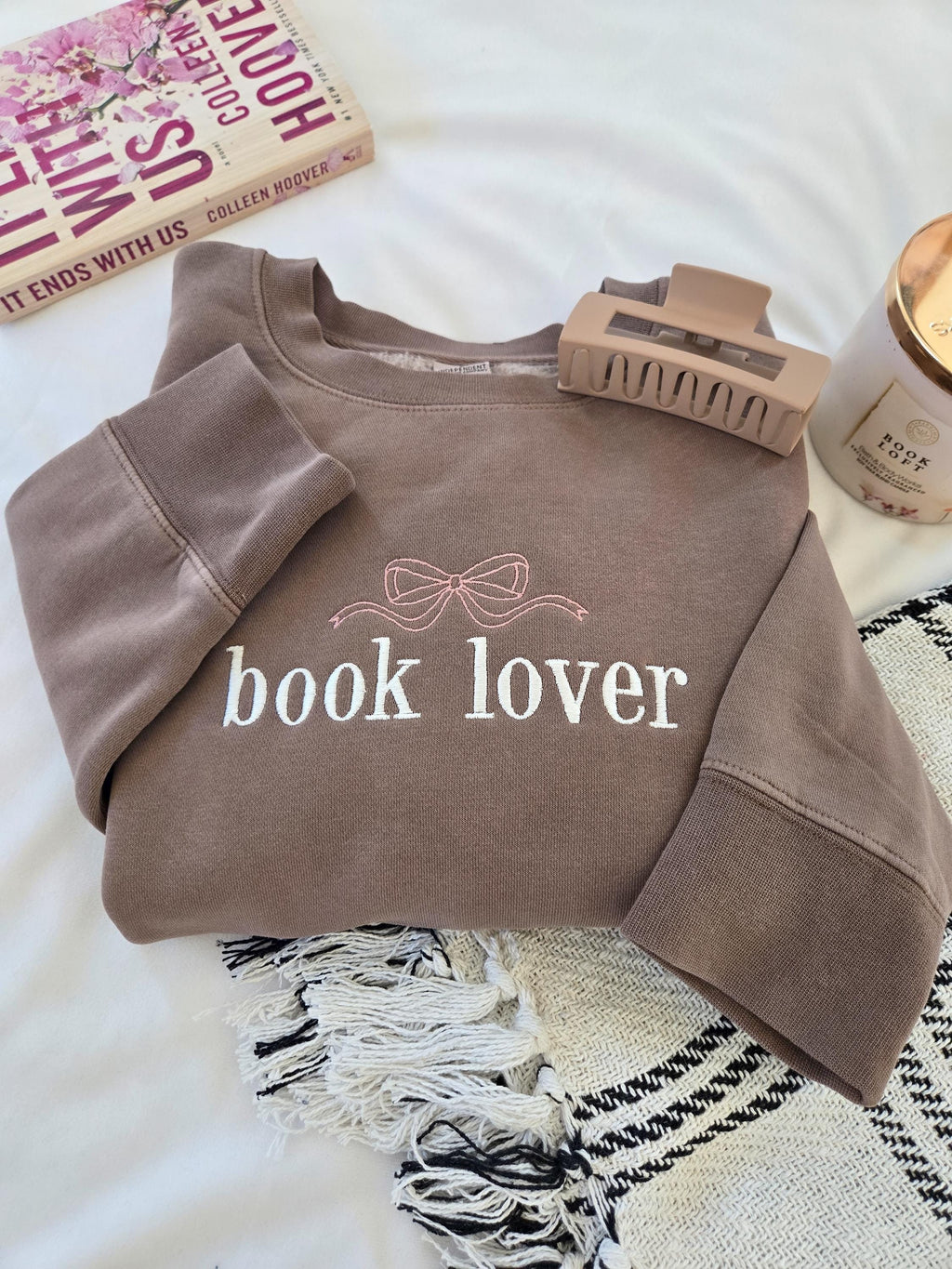 Book Lover Embroidered Sweatshirt, Bow Shirt, Independent Trading Co, Trendy Bow, Coquette, Bookish, Mom Sweater, Gift for her