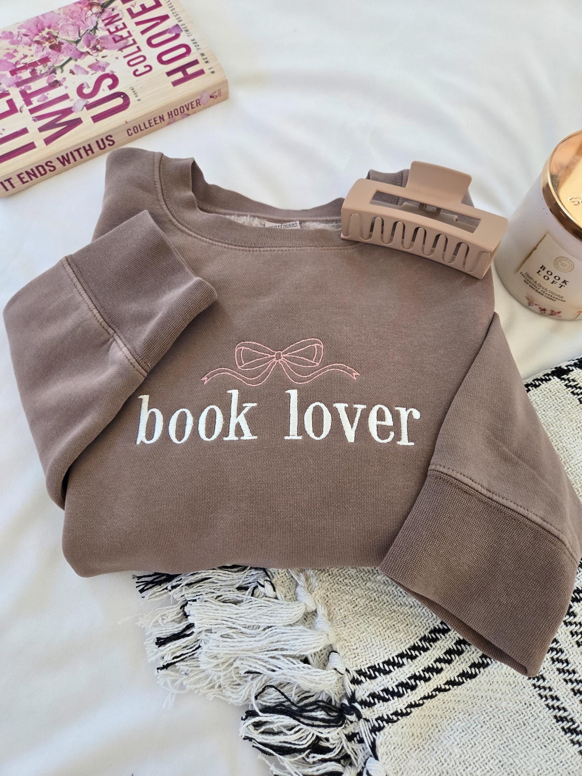 Book Lover Embroidered Sweatshirt, Bow Shirt, Independent Trading Co, Trendy Bow, Coquette, Bookish, Mom Sweater, Gift for her