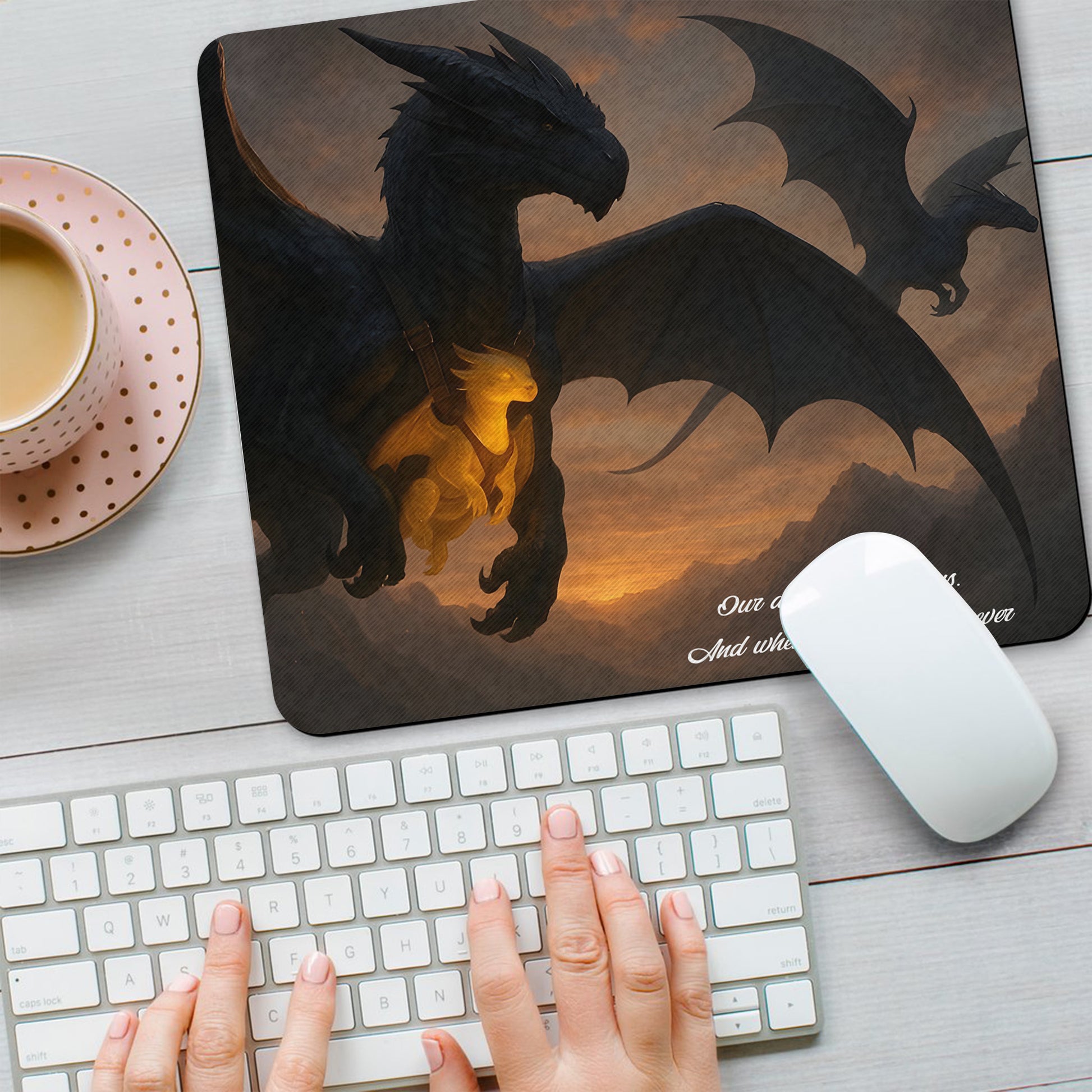 Fourth Wing Dragon Desk Mat, “Our Dragons Choose Us” Quote, Fantasy Bookish Mouse Pad DMVLR34
