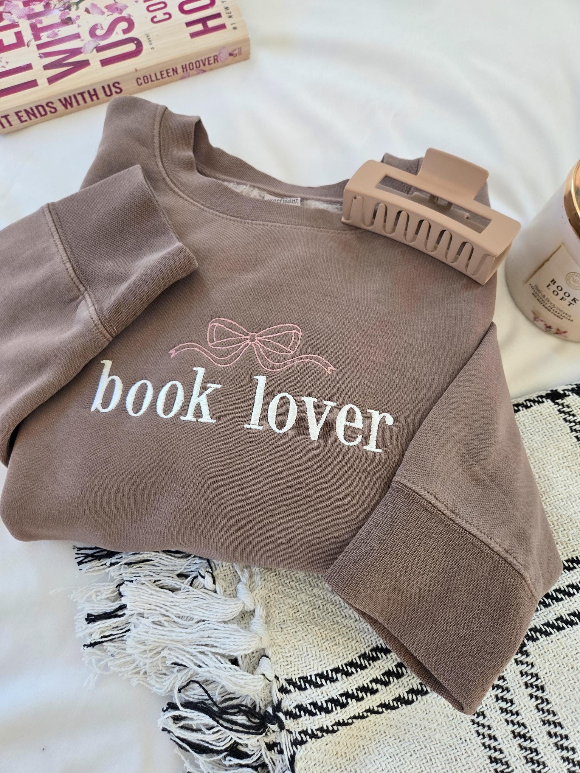 Book Lover Embroidered Sweatshirt, Bow Shirt, Independent Trading Co, Trendy Bow, Coquette, Bookish, Mom Sweater, Gift for her