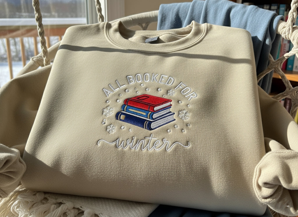 All Booked for Winter Sweatshirt, Embroidered Book Lover Christmas Sweater, Cozy Reading Pullover, Holiday Gift for Readers