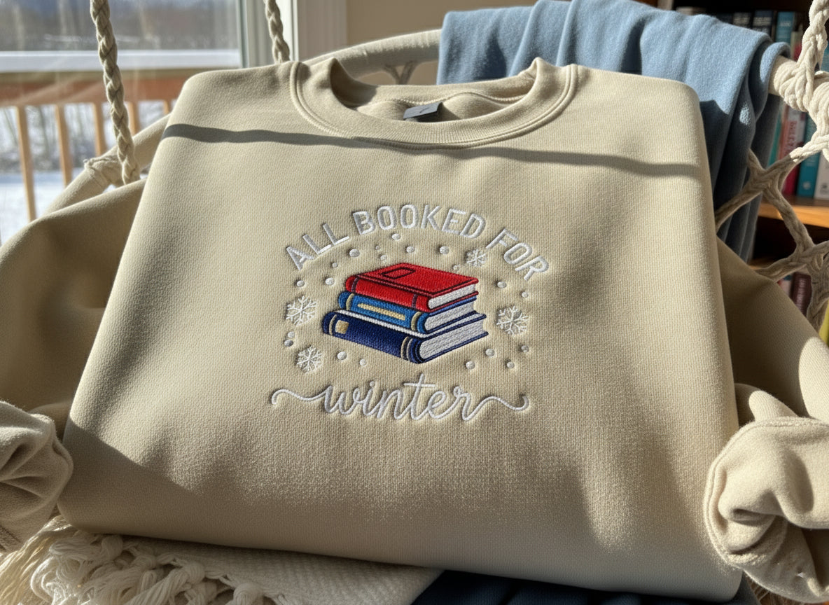 All Booked for Winter Sweatshirt, Embroidered Book Lover Christmas Sweater, Cozy Reading Pullover, Holiday Gift for Readers