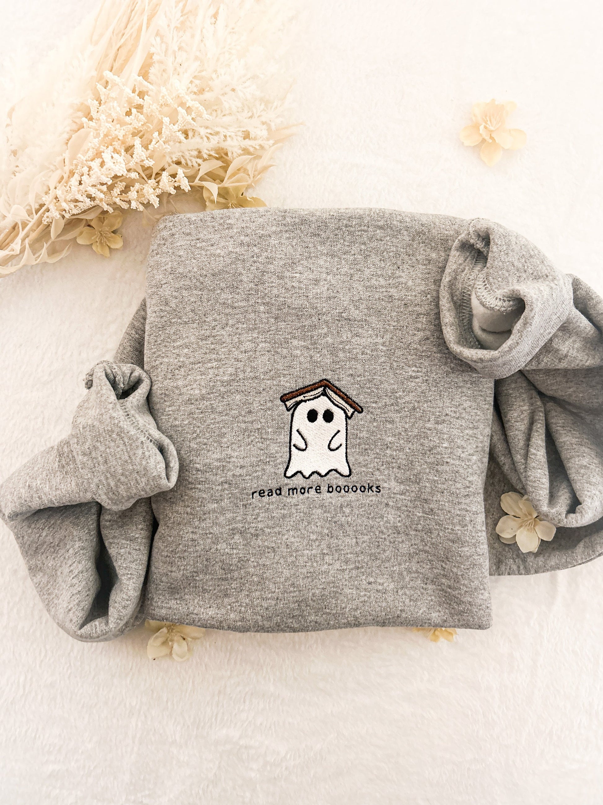 Embroidered Ghost Book Sweatshirt, Read More Booooks Sweatshirt, Fall Crewneck, Book Lover sweatshirt, Spooky Season Pullover, Ghost Reading
