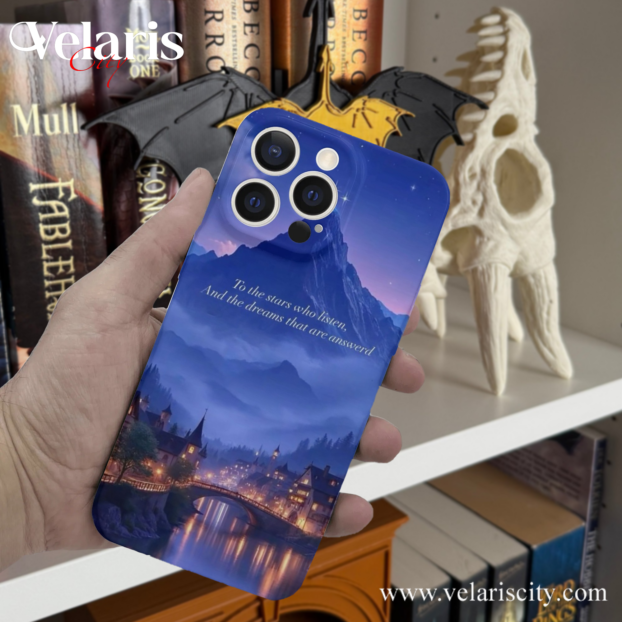 Phone Case Velaris Nightscape Design – “To the Stars Who Listen” Quote Inspired Magical Sword Design, Fantasy Novel iPhone Cover, Book Lover Gift  PCVLR34