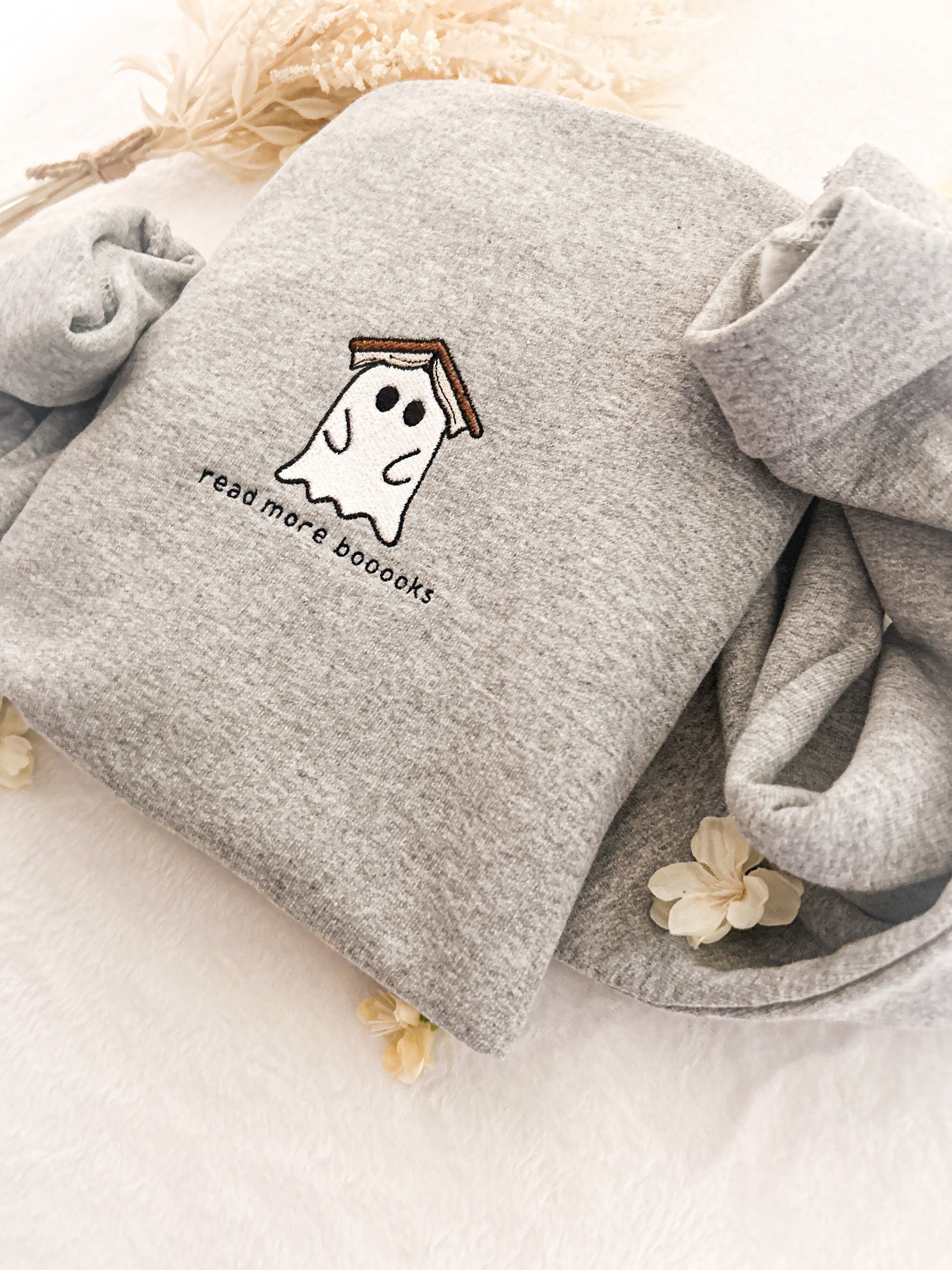 Embroidered Ghost Book Sweatshirt, Read More Booooks Sweatshirt, Fall Crewneck, Book Lover sweatshirt, Spooky Season Pullover, Ghost Reading