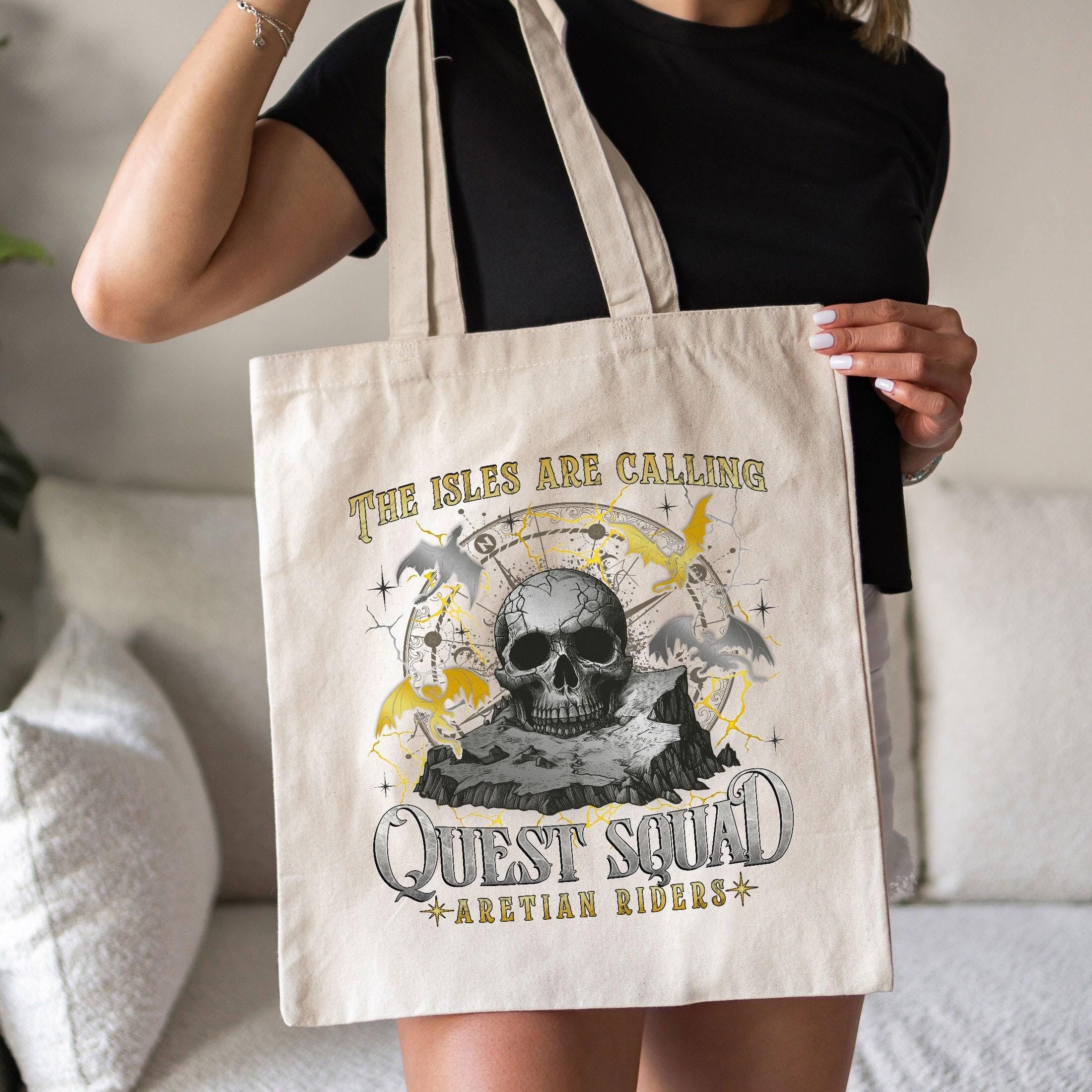 The Isles Are Calling Quest Squad Canvas Tote Bag, Aretian Riders Bag, Ridoc Onyx Storm Canvas Tote Bag, Fourth Wing Merch, Dragon Rider TBVLR36
