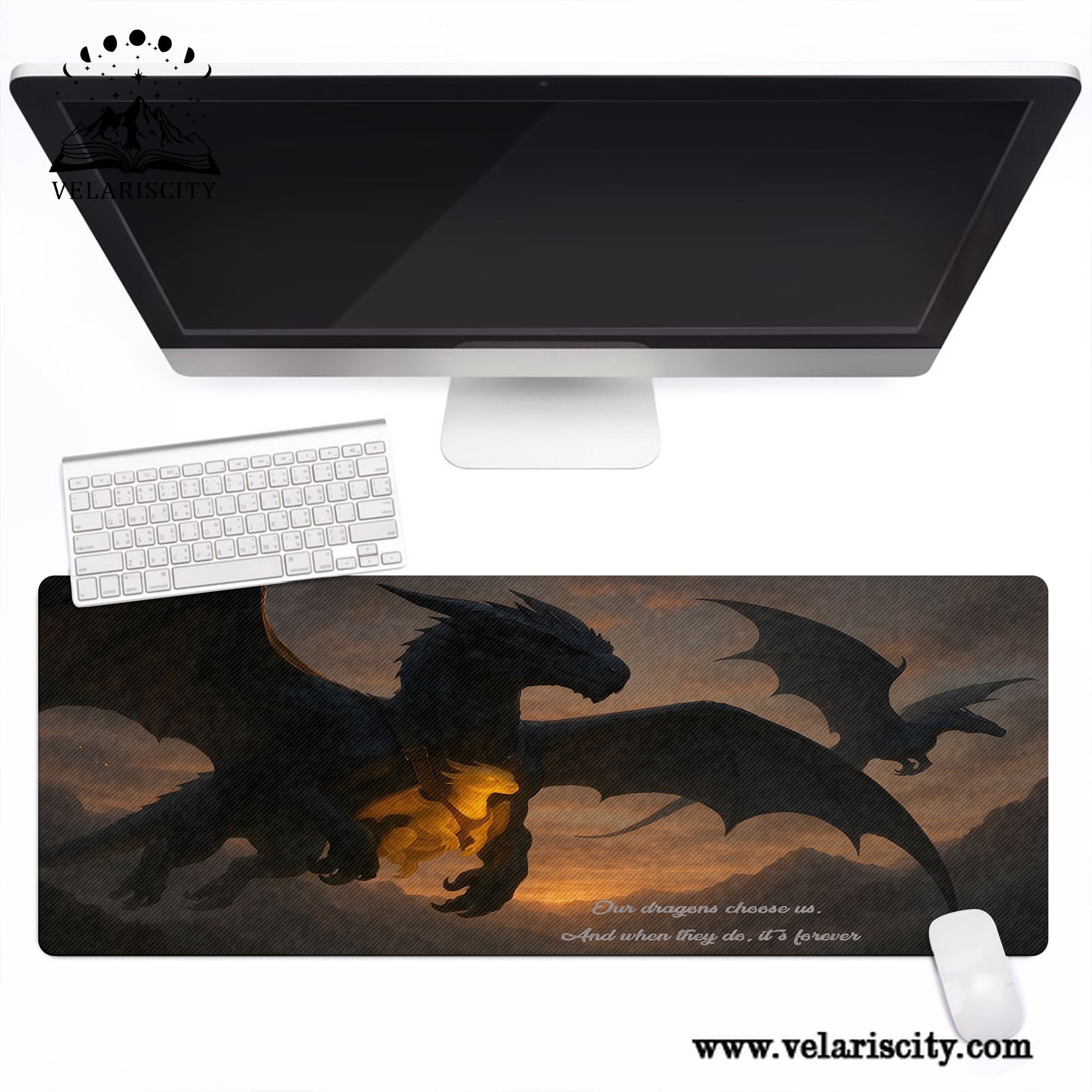 Fourth Wing Dragon Desk Mat, “Our Dragons Choose Us” Quote, Fantasy Bookish Mouse Pad DMVLR34