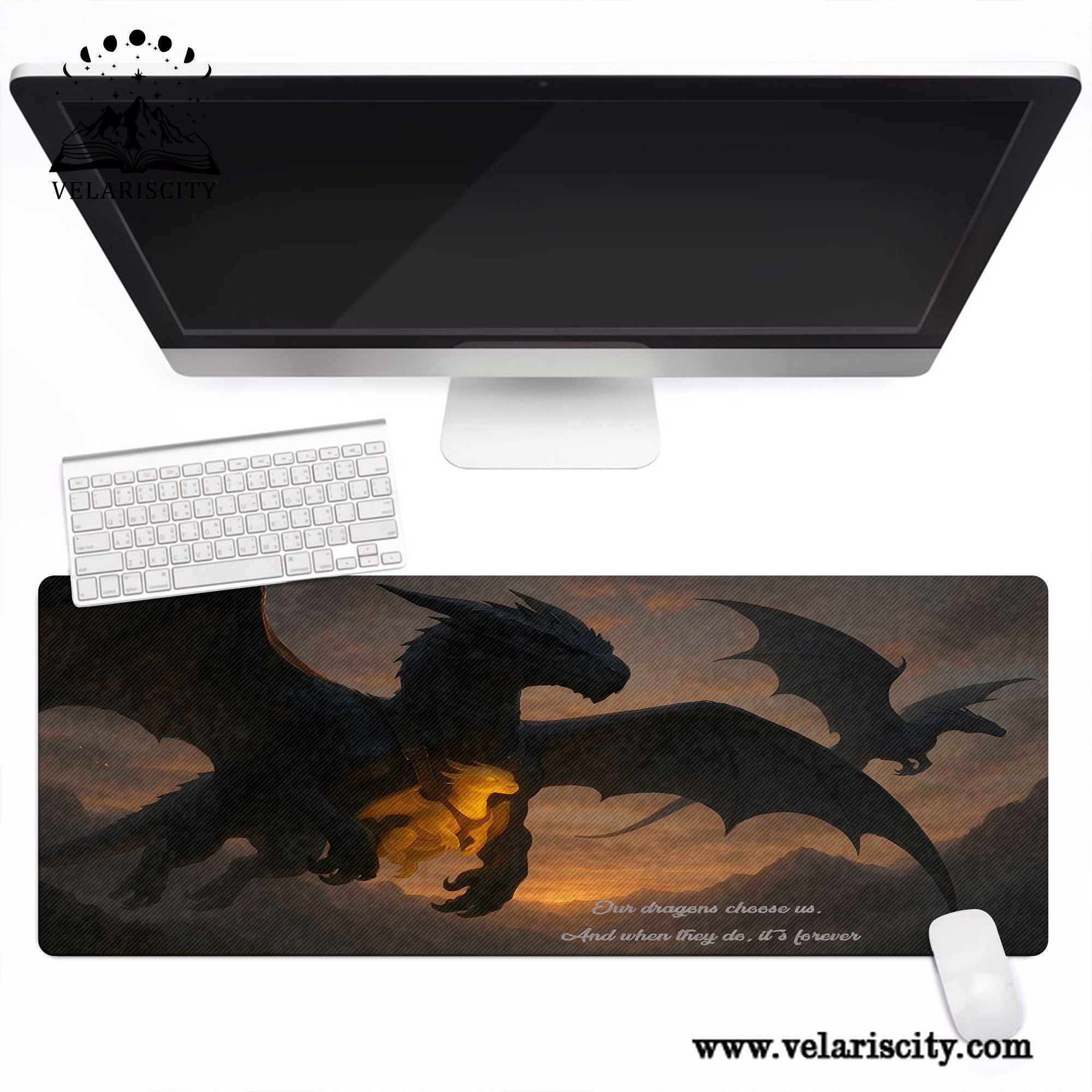 Fourth Wing Dragon Desk Mat, “Our Dragons Choose Us” Quote, Fantasy Bookish Mouse Pad DMVLR34