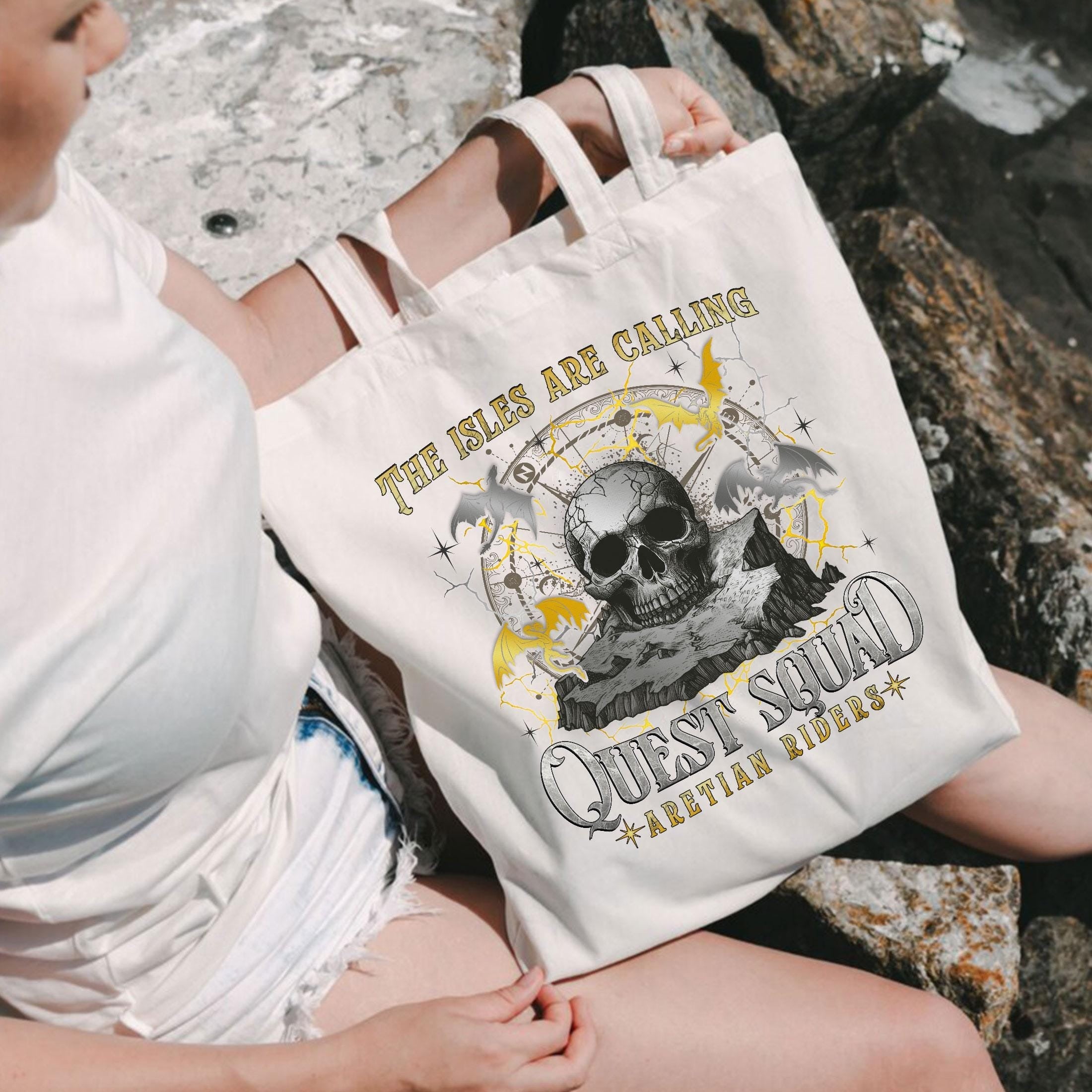 The Isles Are Calling Quest Squad Canvas Tote Bag, Aretian Riders Bag, Ridoc Onyx Storm Canvas Tote Bag, Fourth Wing Merch, Dragon Rider TBVLR36