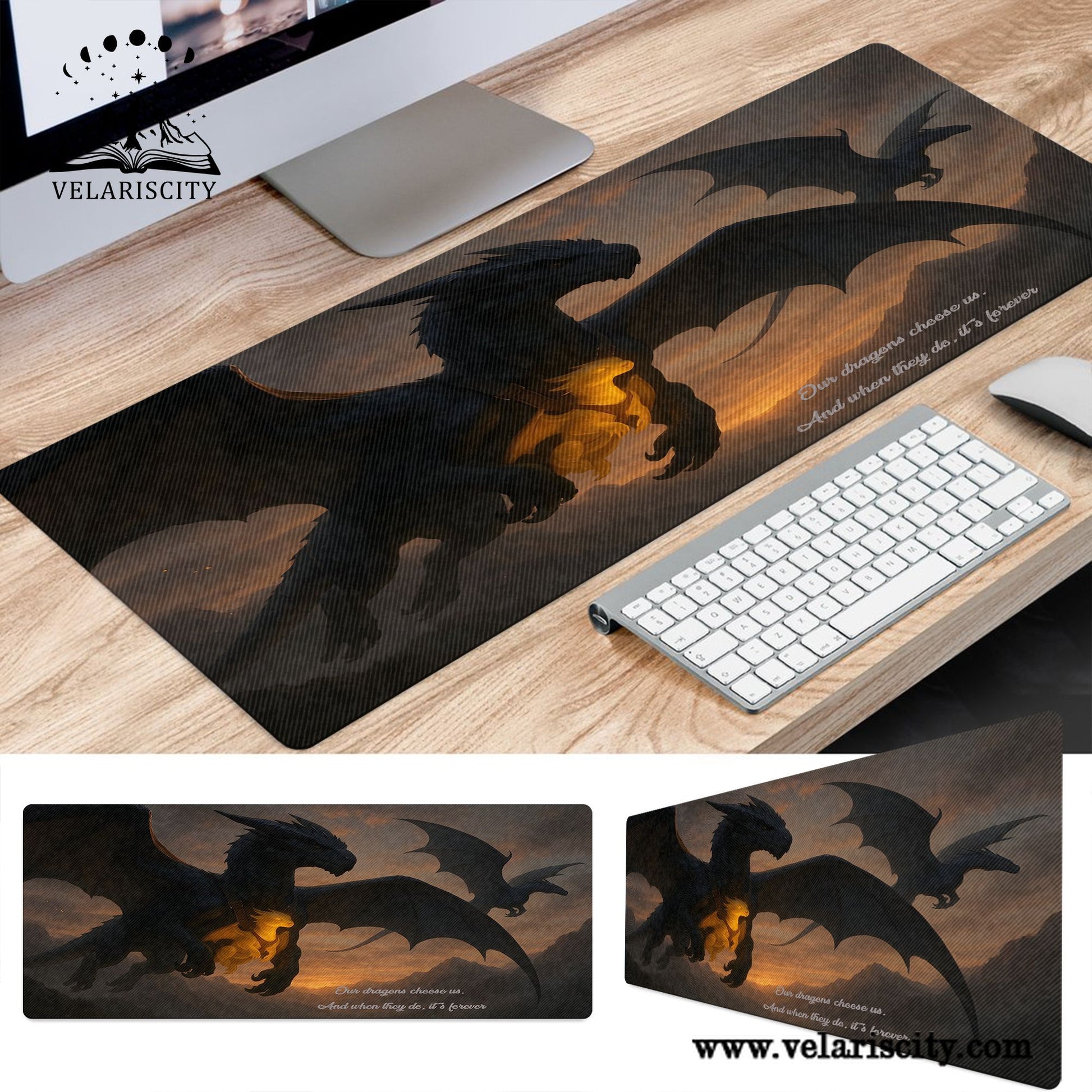 Fourth Wing Dragon Desk Mat, “Our Dragons Choose Us” Quote, Fantasy Bookish Mouse Pad DMVLR34