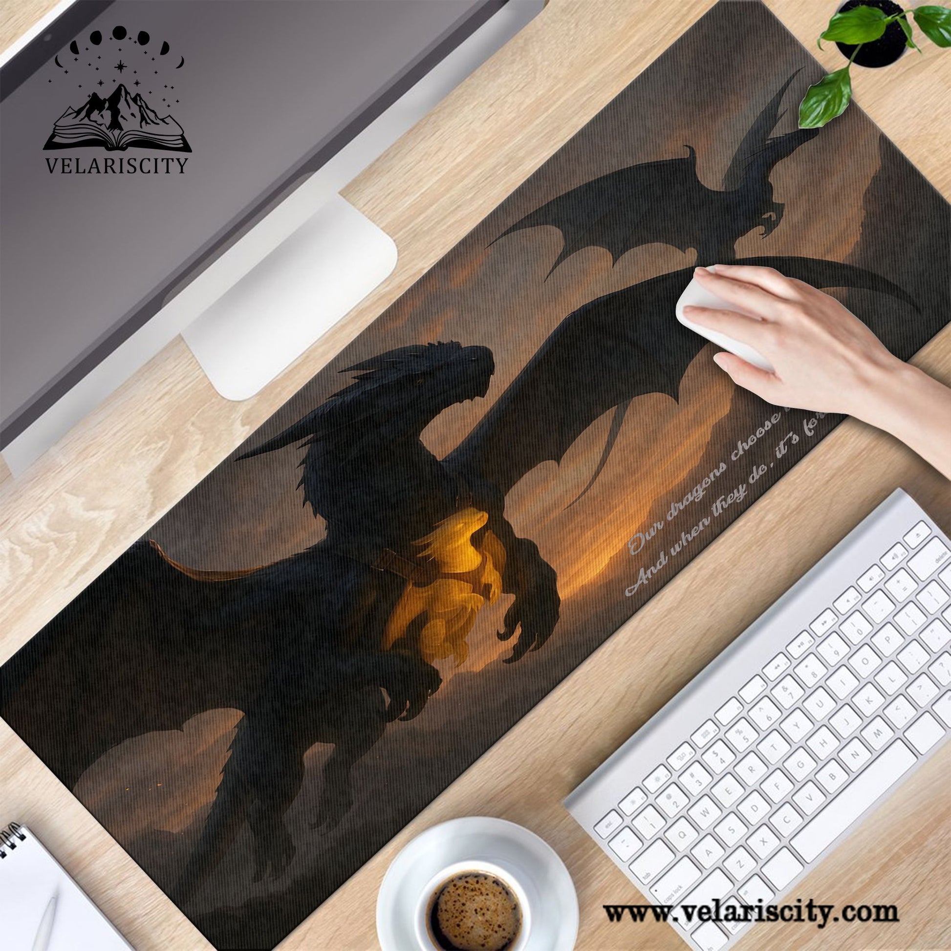 Fourth Wing Dragon Desk Mat, “Our Dragons Choose Us” Quote, Fantasy Bookish Mouse Pad DMVLR34