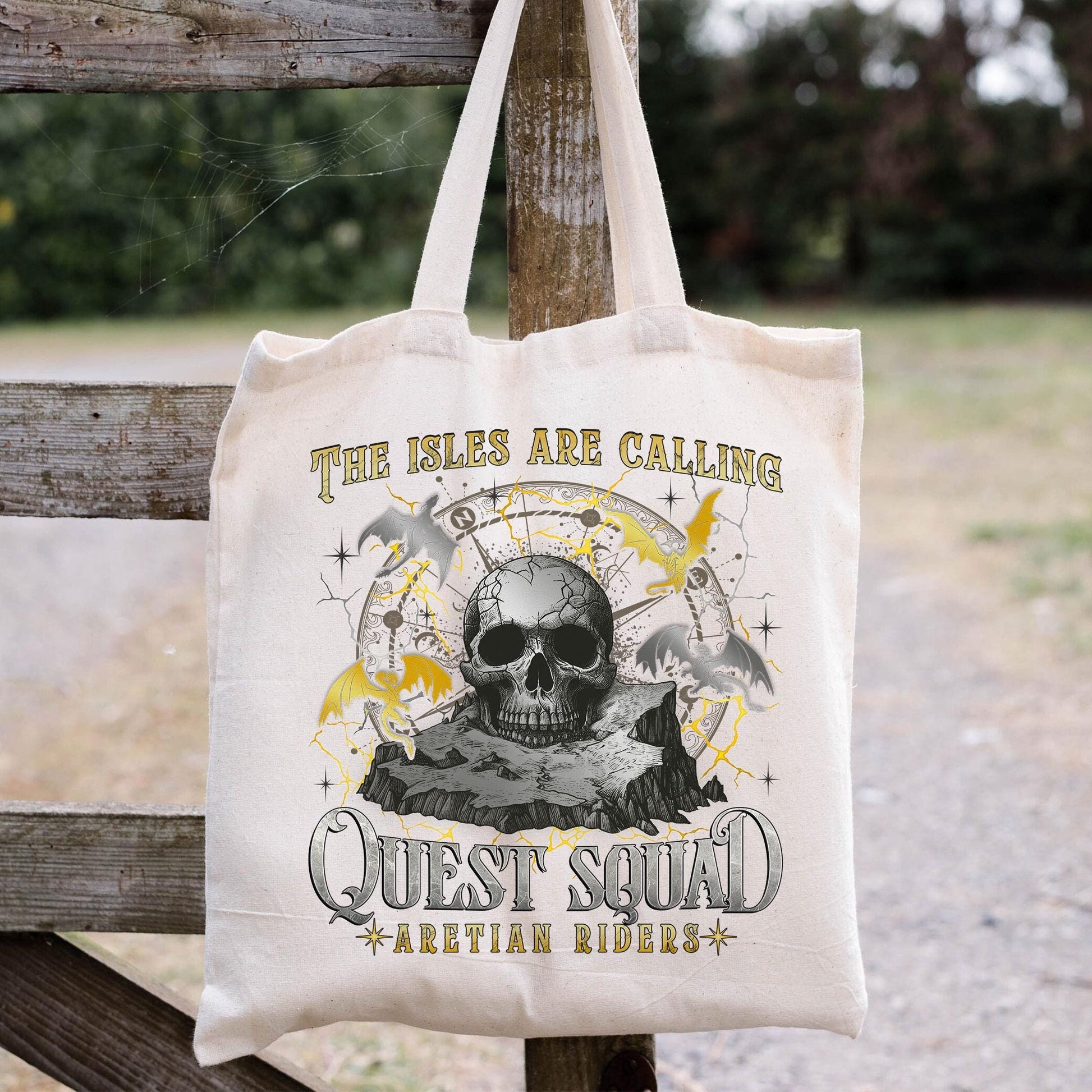 The Isles Are Calling Quest Squad Canvas Tote Bag, Aretian Riders Bag, Ridoc Onyx Storm Canvas Tote Bag, Fourth Wing Merch, Dragon Rider TBVLR36